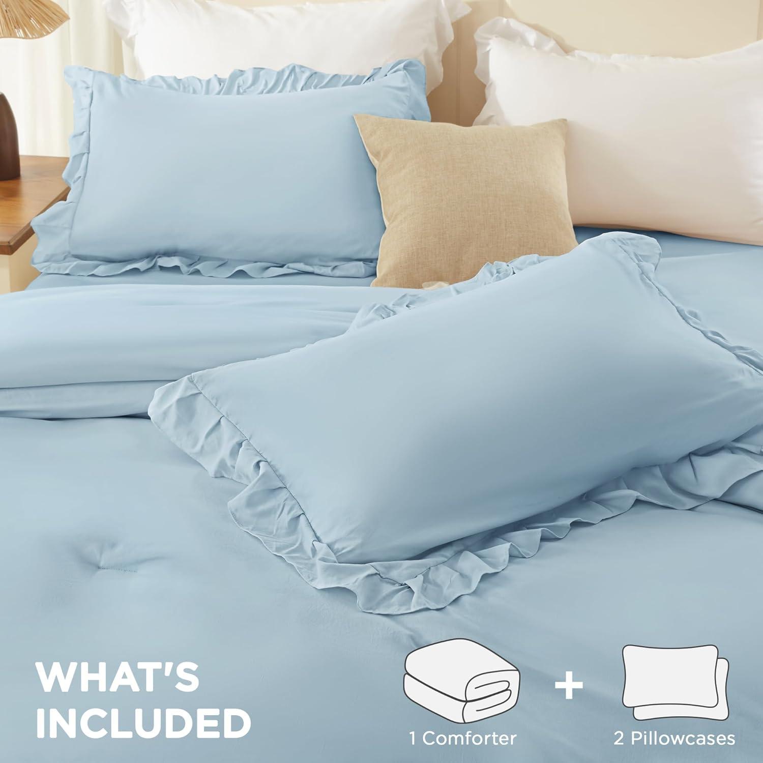 imageAndency White Ruffle Comforter Full Set 3pcs Vintage Farmhouse Shabby Chic Bedding Comforter Set Soft Lightweight Fluffy Bed Comforter Sets All Season Bedding SetLight Blue