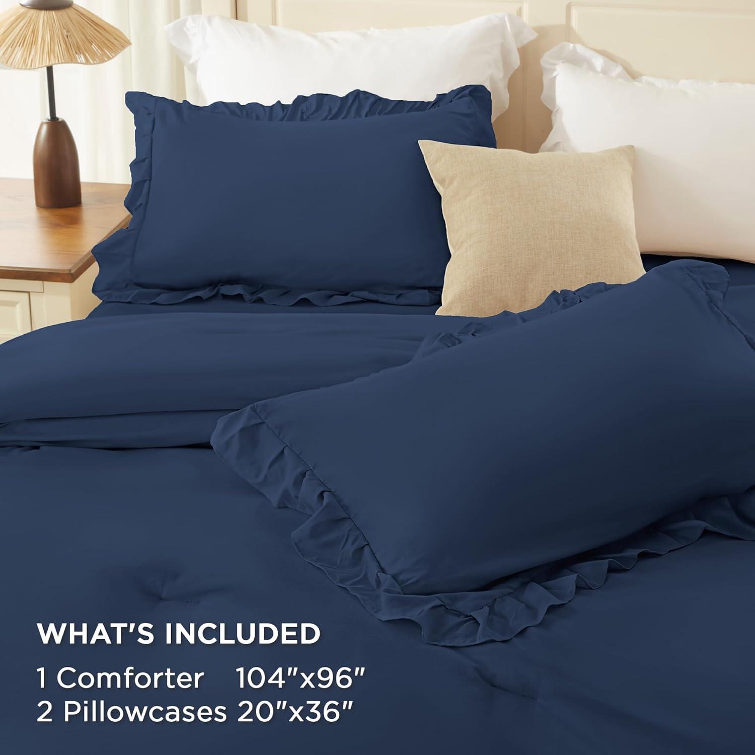 imageAndency White Ruffle Comforter Full Set 3pcs Vintage Farmhouse Shabby Chic Bedding Comforter Set Soft Lightweight Fluffy Bed Comforter Sets All Season Bedding SetNavy