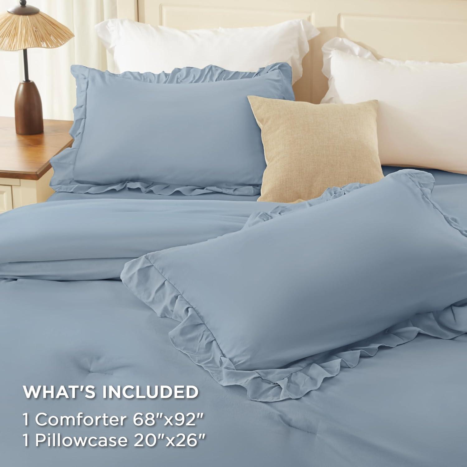imageAndency White Ruffle Comforter Full Set 3pcs Vintage Farmhouse Shabby Chic Bedding Comforter Set Soft Lightweight Fluffy Bed Comforter Sets All Season Bedding SetGrayish Blue