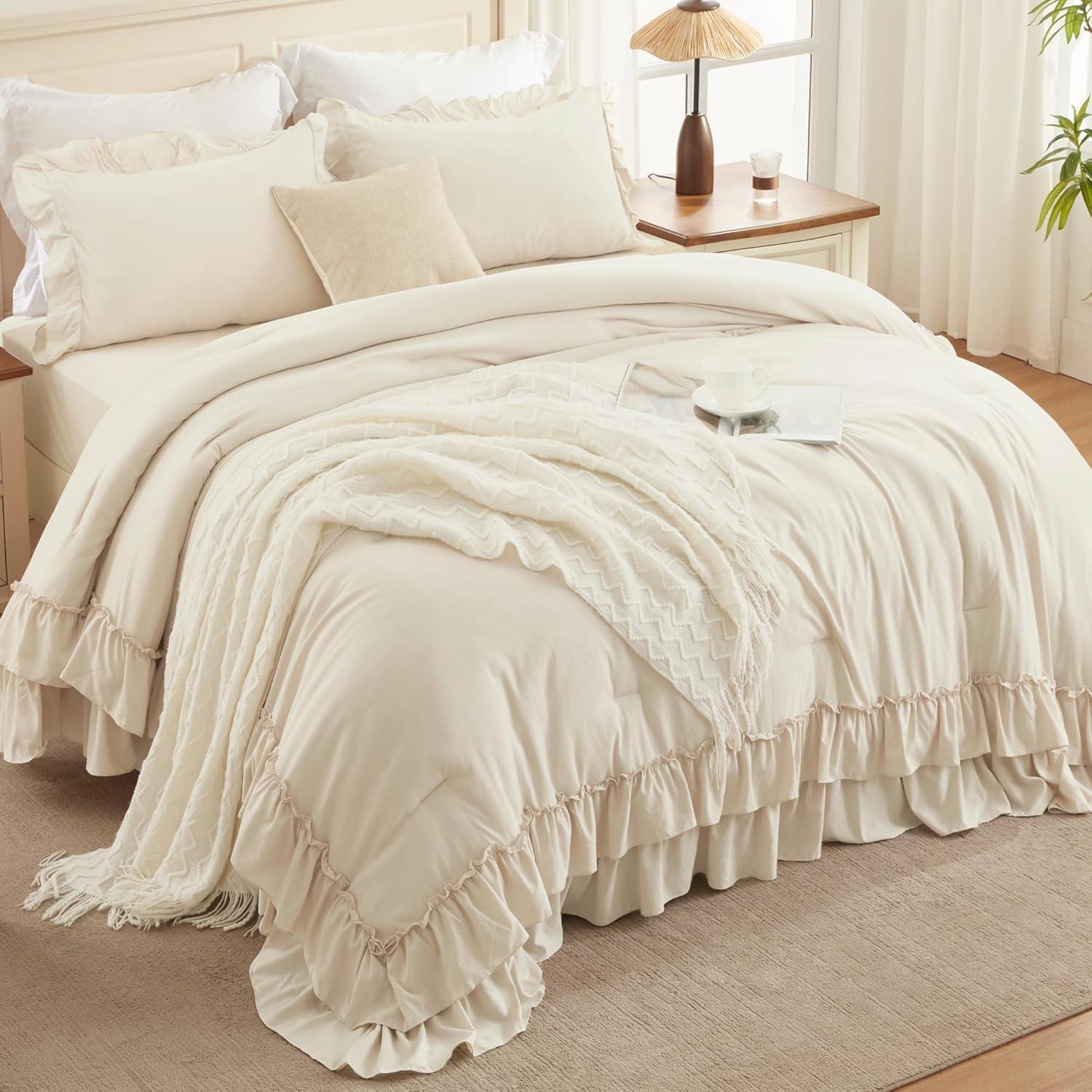 imageAndency White Ruffle Comforter Full Set 3pcs Vintage Farmhouse Shabby Chic Bedding Comforter Set Soft Lightweight Fluffy Bed Comforter Sets All Season Bedding SetBeige