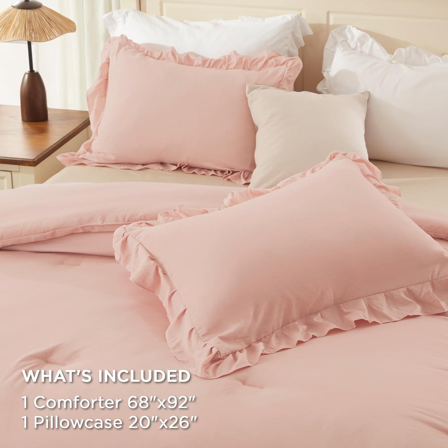 imageAndency White Ruffle Comforter Full Set 3pcs Vintage Farmhouse Shabby Chic Bedding Comforter Set Soft Lightweight Fluffy Bed Comforter Sets All Season Bedding SetBlush