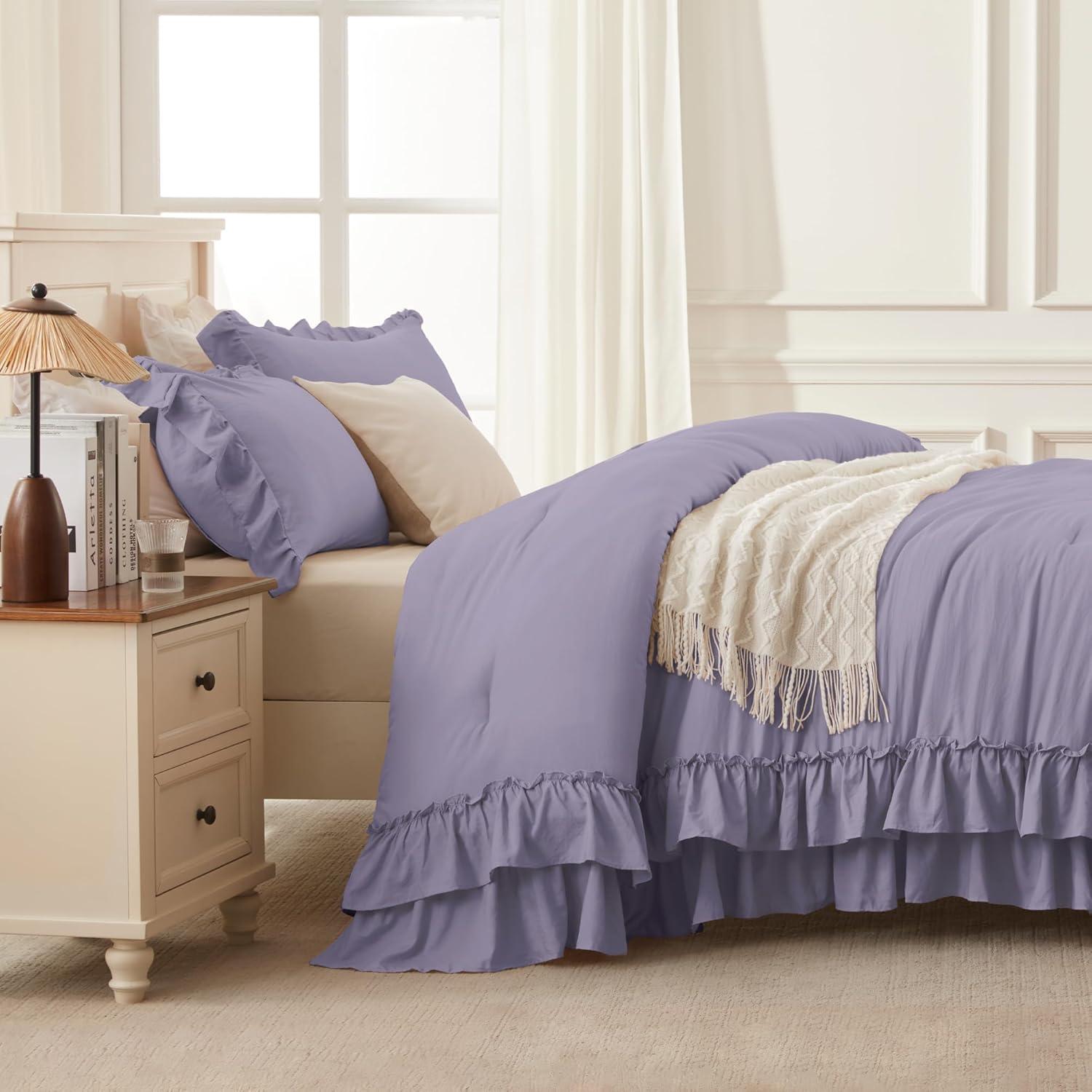 imageAndency White Ruffle Comforter Full Set 3pcs Vintage Farmhouse Shabby Chic Bedding Comforter Set Soft Lightweight Fluffy Bed Comforter Sets All Season Bedding SetGrayish Purple