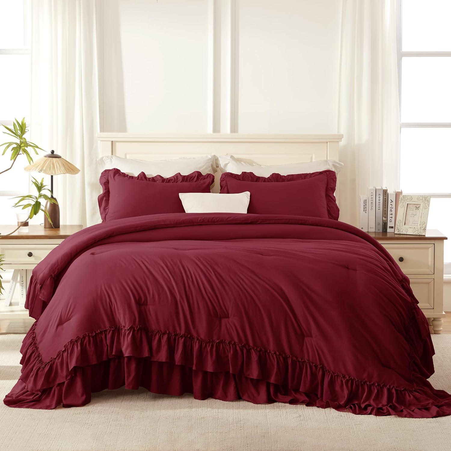 imageAndency White Ruffle Comforter Full Set 3pcs Vintage Farmhouse Shabby Chic Bedding Comforter Set Soft Lightweight Fluffy Bed Comforter Sets All Season Bedding SetBurgundy