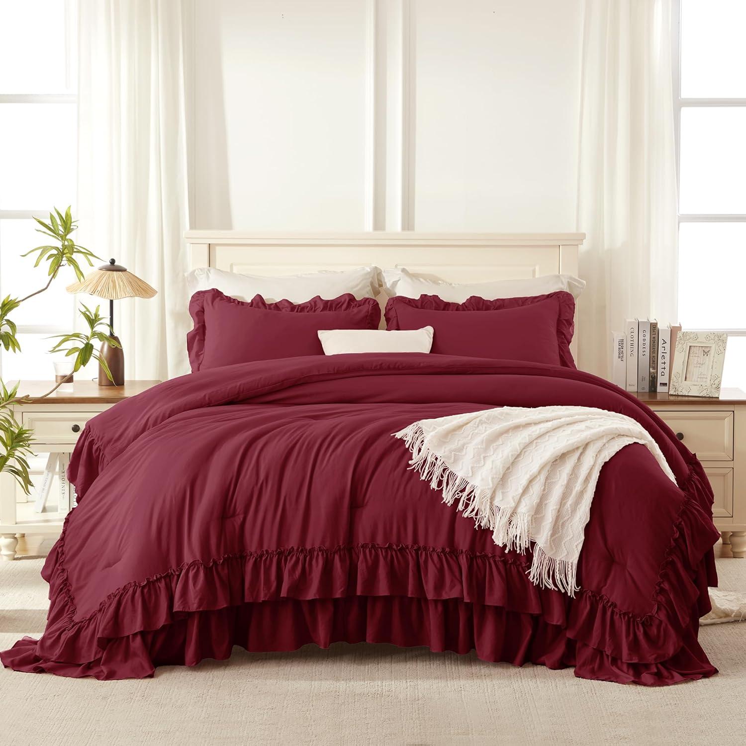 imageAndency White Ruffle Comforter Full Set 3pcs Vintage Farmhouse Shabby Chic Bedding Comforter Set Soft Lightweight Fluffy Bed Comforter Sets All Season Bedding SetBurgundy
