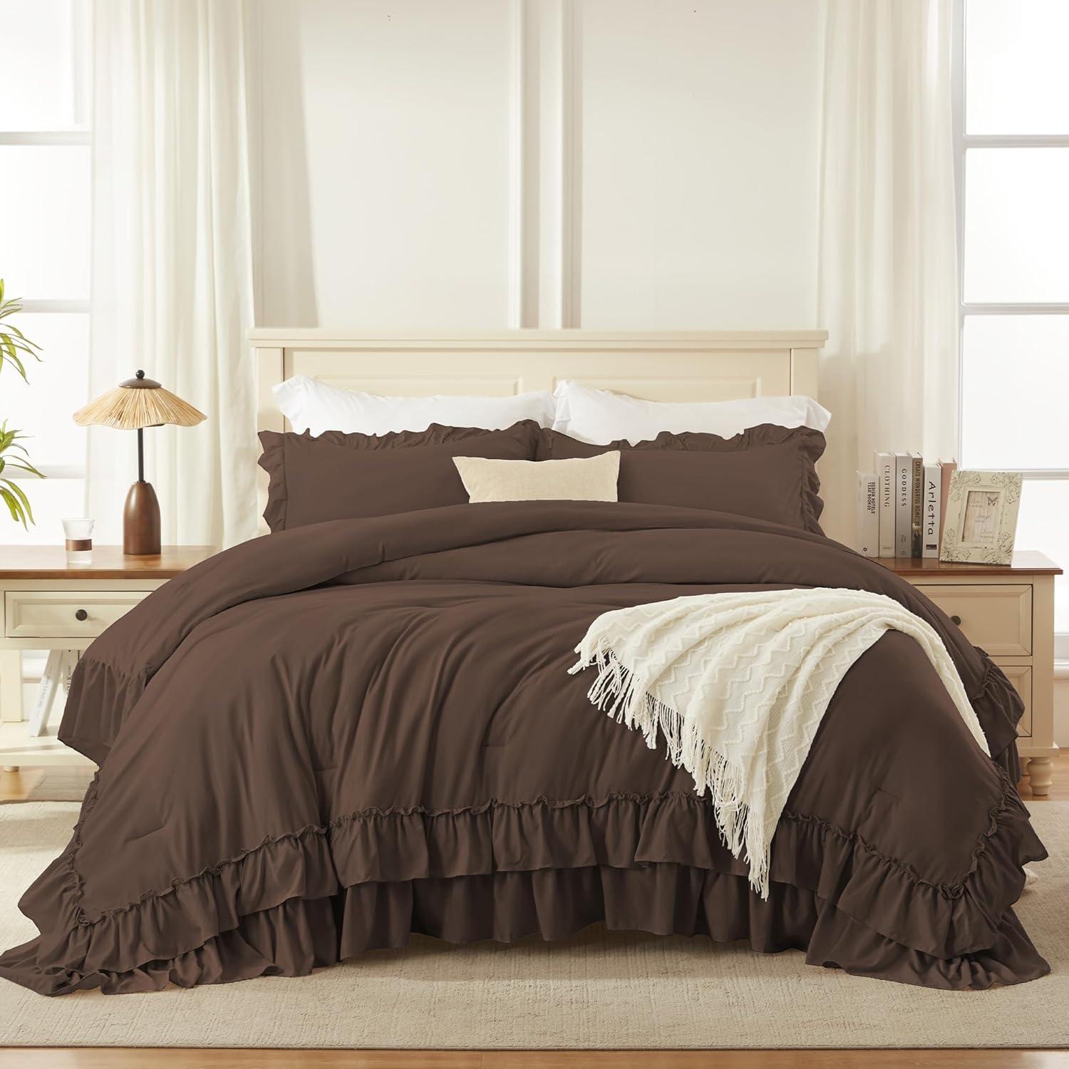 imageAndency White Ruffle Comforter Full Set 3pcs Vintage Farmhouse Shabby Chic Bedding Comforter Set Soft Lightweight Fluffy Bed Comforter Sets All Season Bedding SetBrown