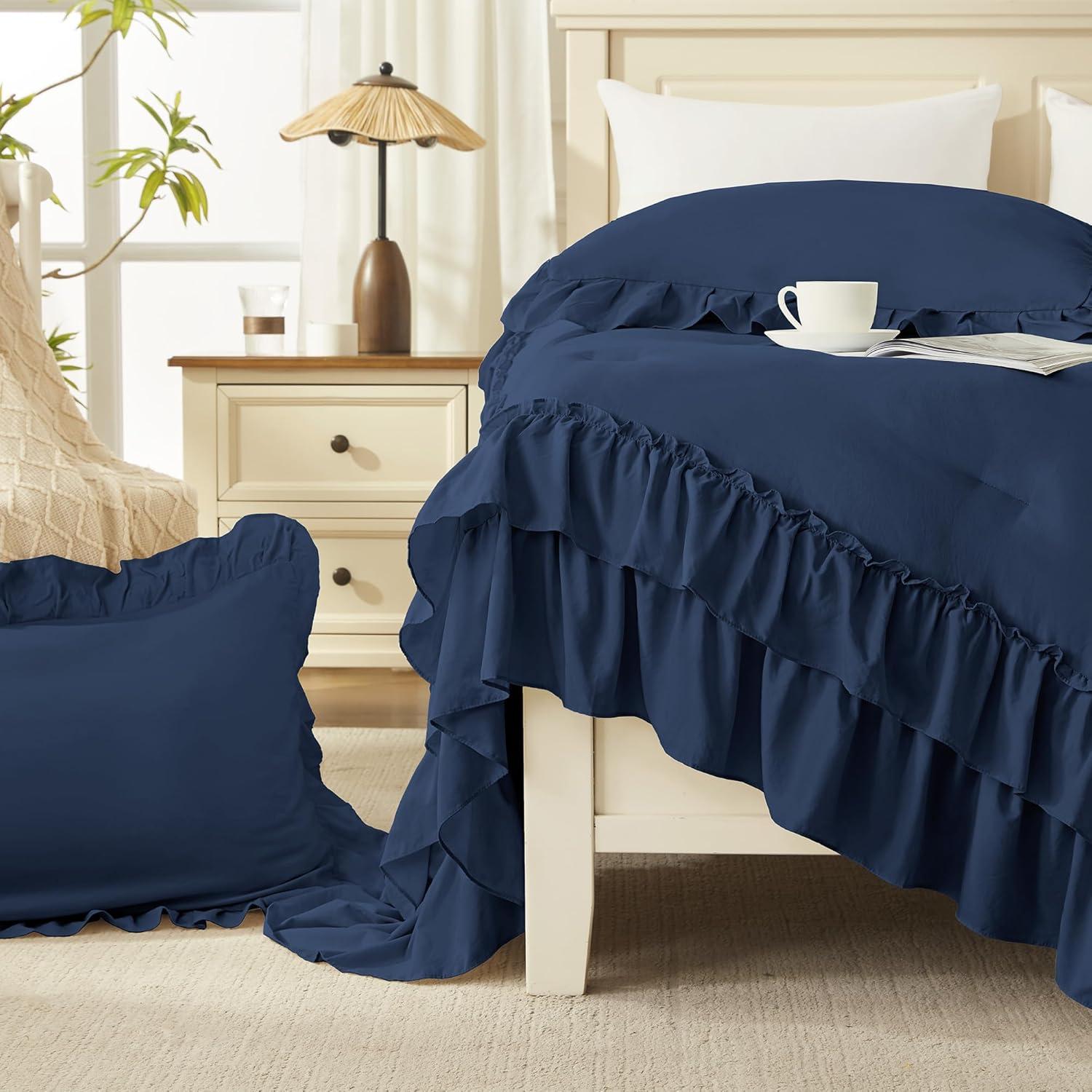 imageAndency White Ruffle Comforter Full Set 3pcs Vintage Farmhouse Shabby Chic Bedding Comforter Set Soft Lightweight Fluffy Bed Comforter Sets All Season Bedding SetNavy