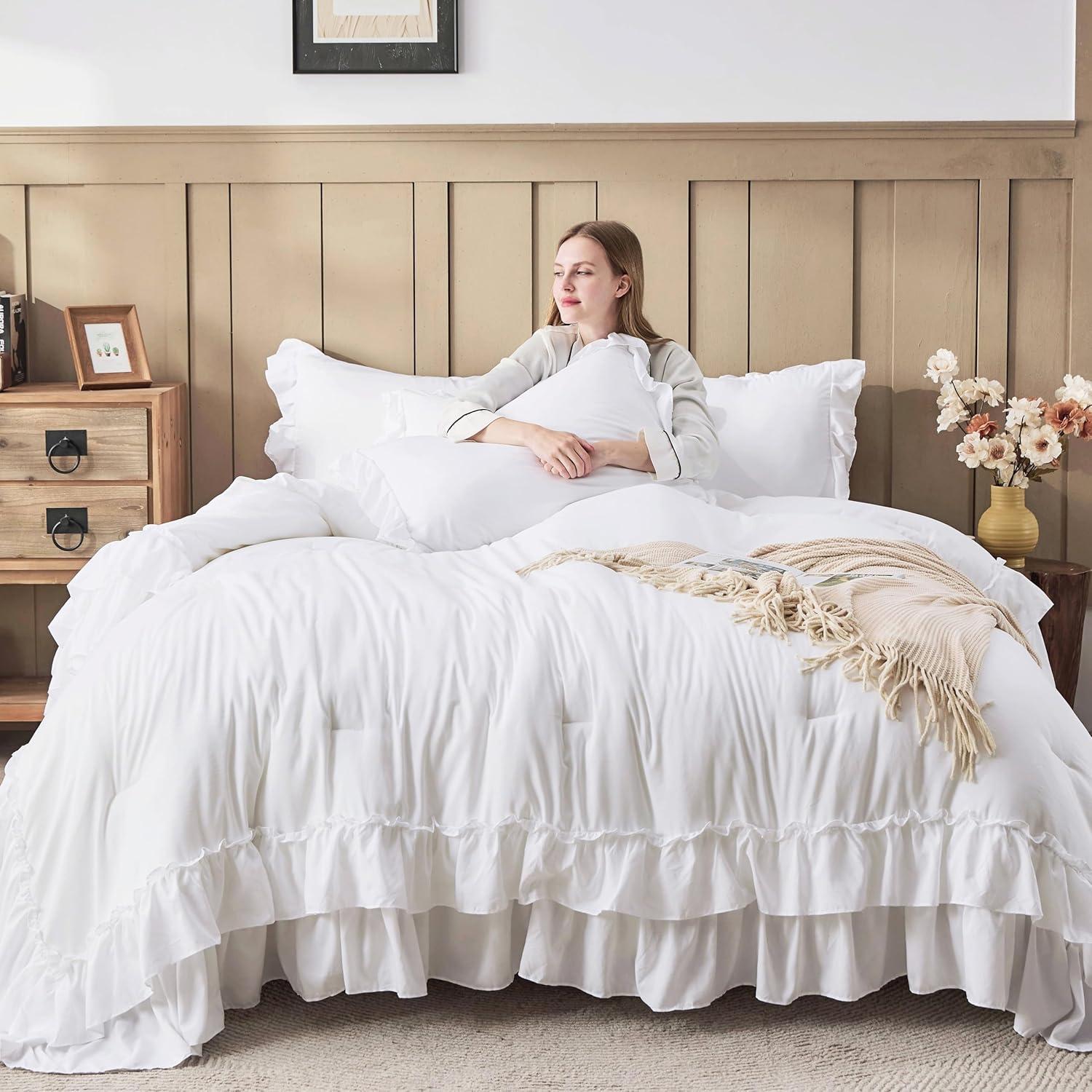 imageAndency White Ruffle Comforter Full Set 3pcs Vintage Farmhouse Shabby Chic Bedding Comforter Set Soft Lightweight Fluffy Bed Comforter Sets All Season Bedding SetWhite