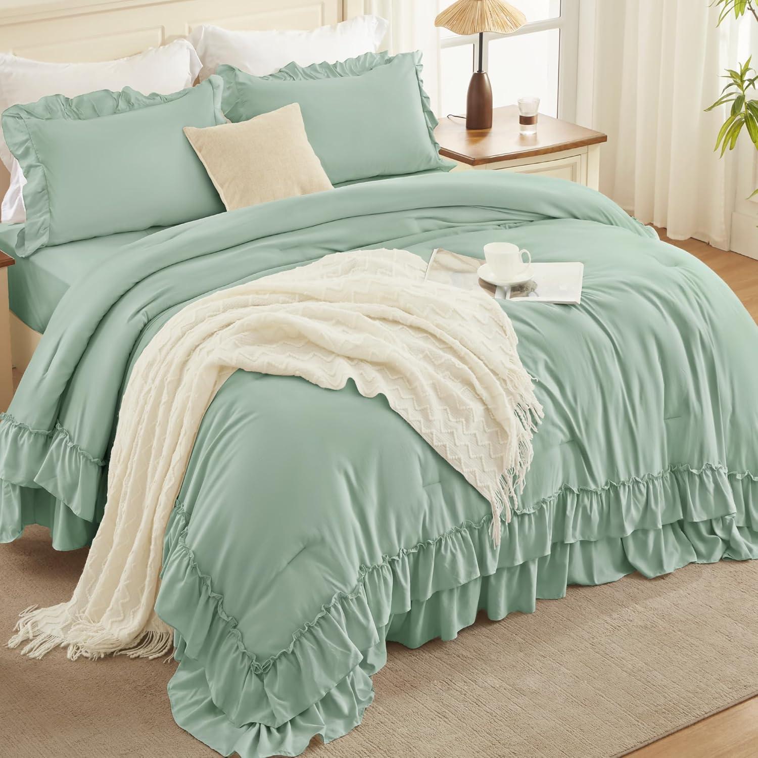 imageAndency White Ruffle Comforter Full Set 3pcs Vintage Farmhouse Shabby Chic Bedding Comforter Set Soft Lightweight Fluffy Bed Comforter Sets All Season Bedding SetSage