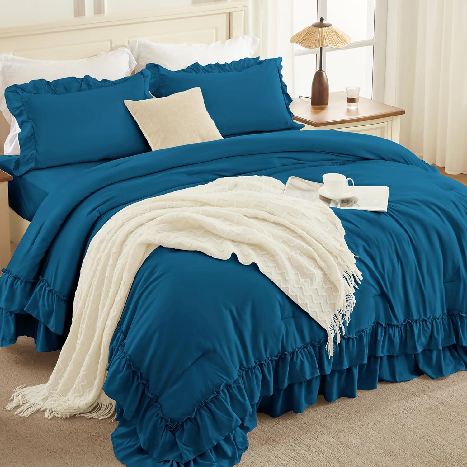 imageAndency White Ruffle Comforter Full Set 3pcs Vintage Farmhouse Shabby Chic Bedding Comforter Set Soft Lightweight Fluffy Bed Comforter Sets All Season Bedding SetTeal