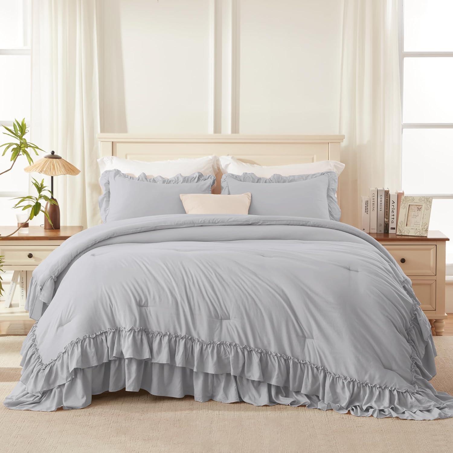 imageAndency White Ruffle Comforter Full Set 3pcs Vintage Farmhouse Shabby Chic Bedding Comforter Set Soft Lightweight Fluffy Bed Comforter Sets All Season Bedding SetLight Gray