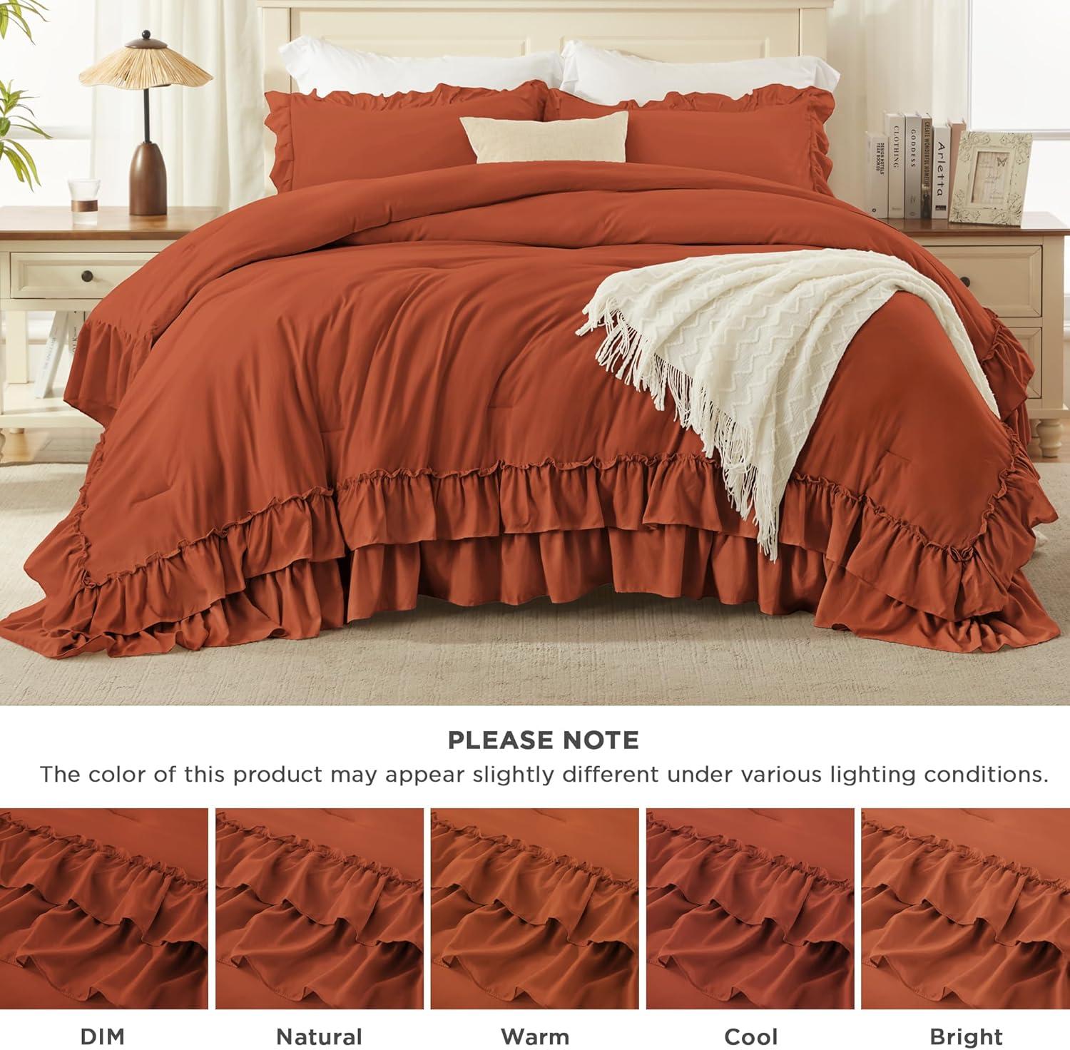 imageAndency White Ruffle Comforter Full Set 3pcs Vintage Farmhouse Shabby Chic Bedding Comforter Set Soft Lightweight Fluffy Bed Comforter Sets All Season Bedding SetTerracotta