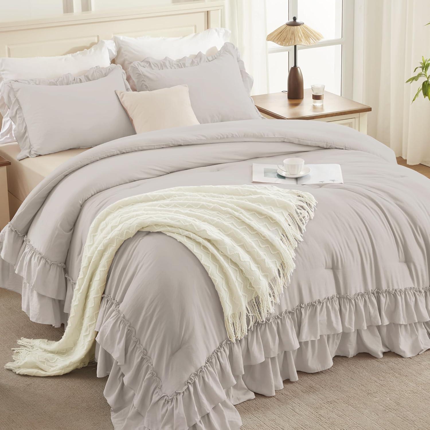 imageAndency White Ruffle Comforter Full Set 3pcs Vintage Farmhouse Shabby Chic Bedding Comforter Set Soft Lightweight Fluffy Bed Comforter Sets All Season Bedding SetLinen