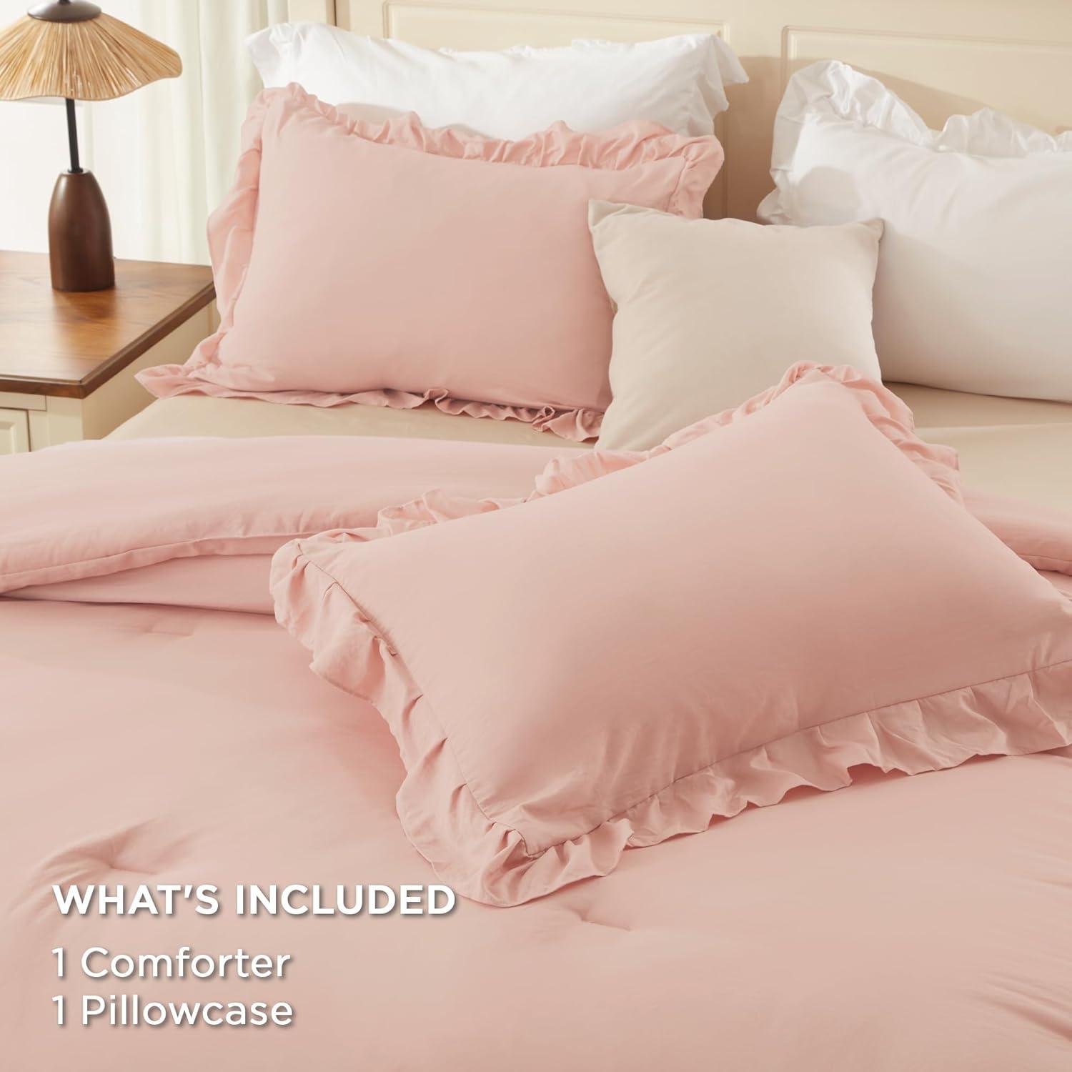 imageAndency White Ruffle Comforter Full Set 3pcs Vintage Farmhouse Shabby Chic Bedding Comforter Set Soft Lightweight Fluffy Bed Comforter Sets All Season Bedding SetBlush