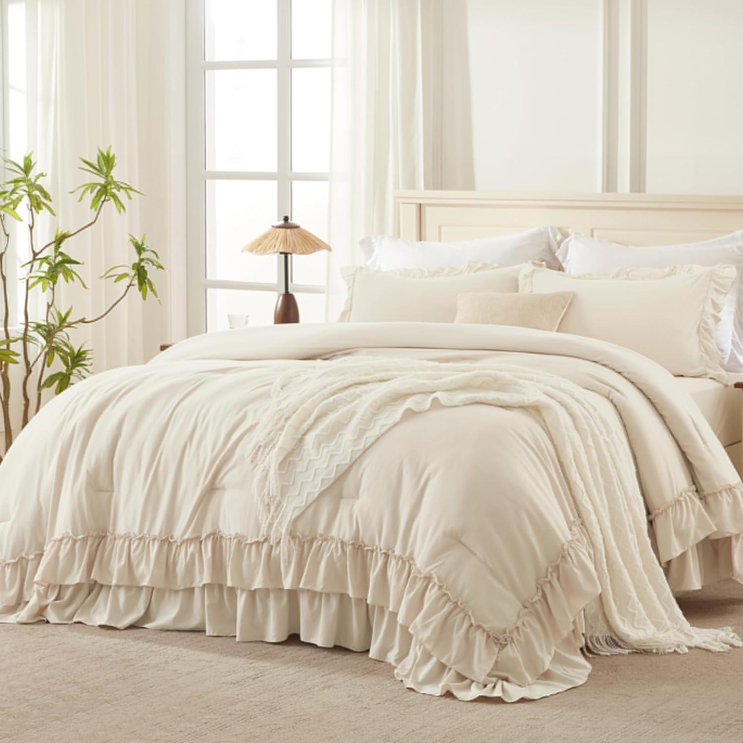 imageAndency White Ruffle Comforter Full Set 3pcs Vintage Farmhouse Shabby Chic Bedding Comforter Set Soft Lightweight Fluffy Bed Comforter Sets All Season Bedding SetBeige