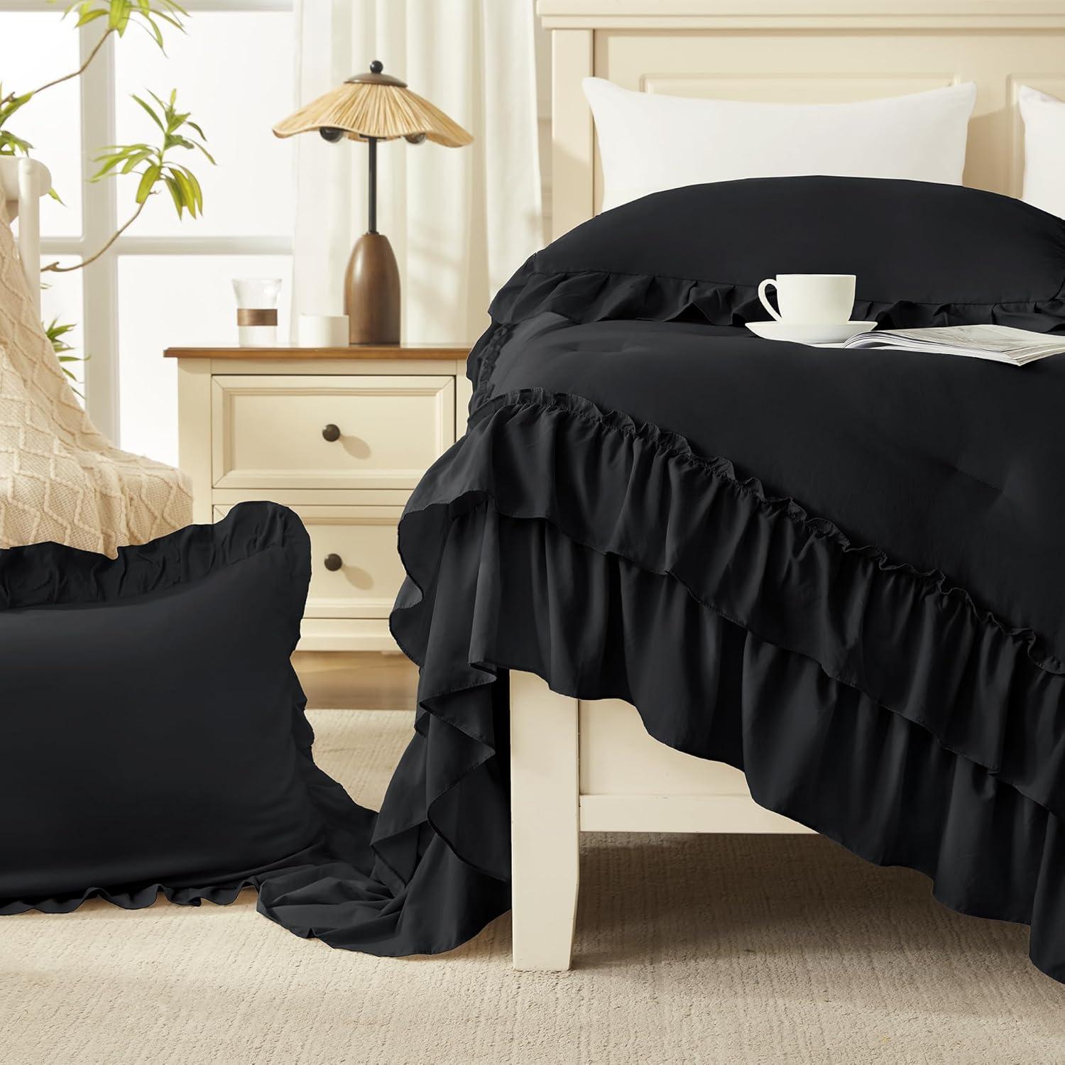 imageAndency White Ruffle Comforter Full Set 3pcs Vintage Farmhouse Shabby Chic Bedding Comforter Set Soft Lightweight Fluffy Bed Comforter Sets All Season Bedding SetBlack