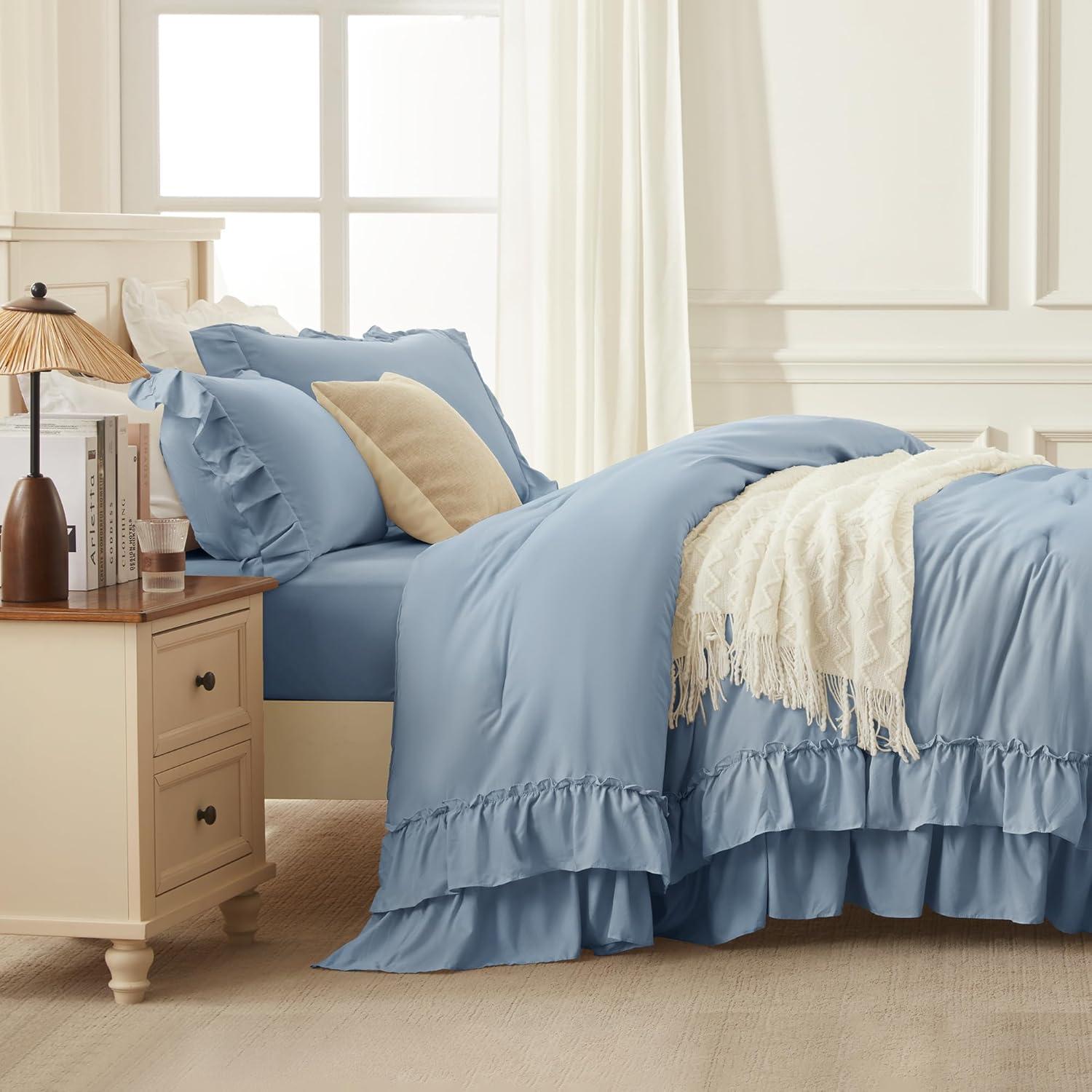 imageAndency White Ruffle Comforter Full Set 3pcs Vintage Farmhouse Shabby Chic Bedding Comforter Set Soft Lightweight Fluffy Bed Comforter Sets All Season Bedding SetGrayish Blue