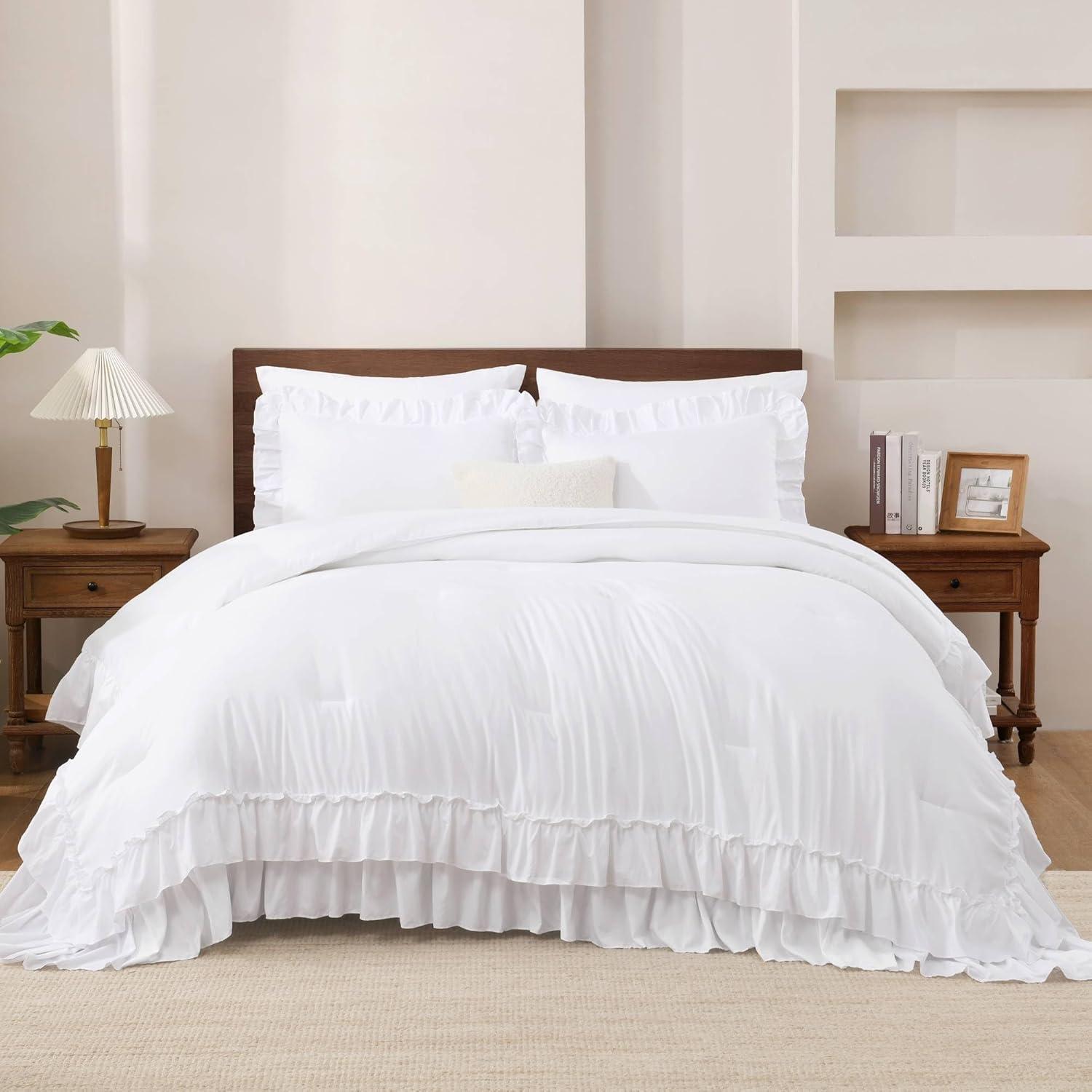 imageAndency White Ruffle Comforter Full Set 3pcs Vintage Farmhouse Shabby Chic Bedding Comforter Set Soft Lightweight Fluffy Bed Comforter Sets All Season Bedding SetWhite