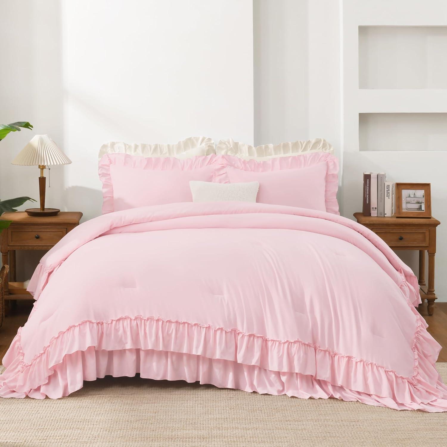 imageAndency White Ruffle Comforter Full Set 3pcs Vintage Farmhouse Shabby Chic Bedding Comforter Set Soft Lightweight Fluffy Bed Comforter Sets All Season Bedding SetPink