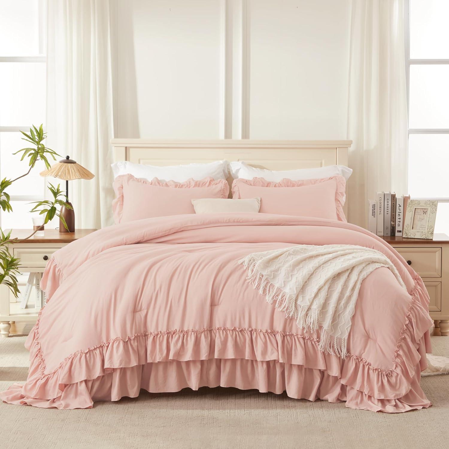 imageAndency White Ruffle Comforter Full Set 3pcs Vintage Farmhouse Shabby Chic Bedding Comforter Set Soft Lightweight Fluffy Bed Comforter Sets All Season Bedding SetBlush