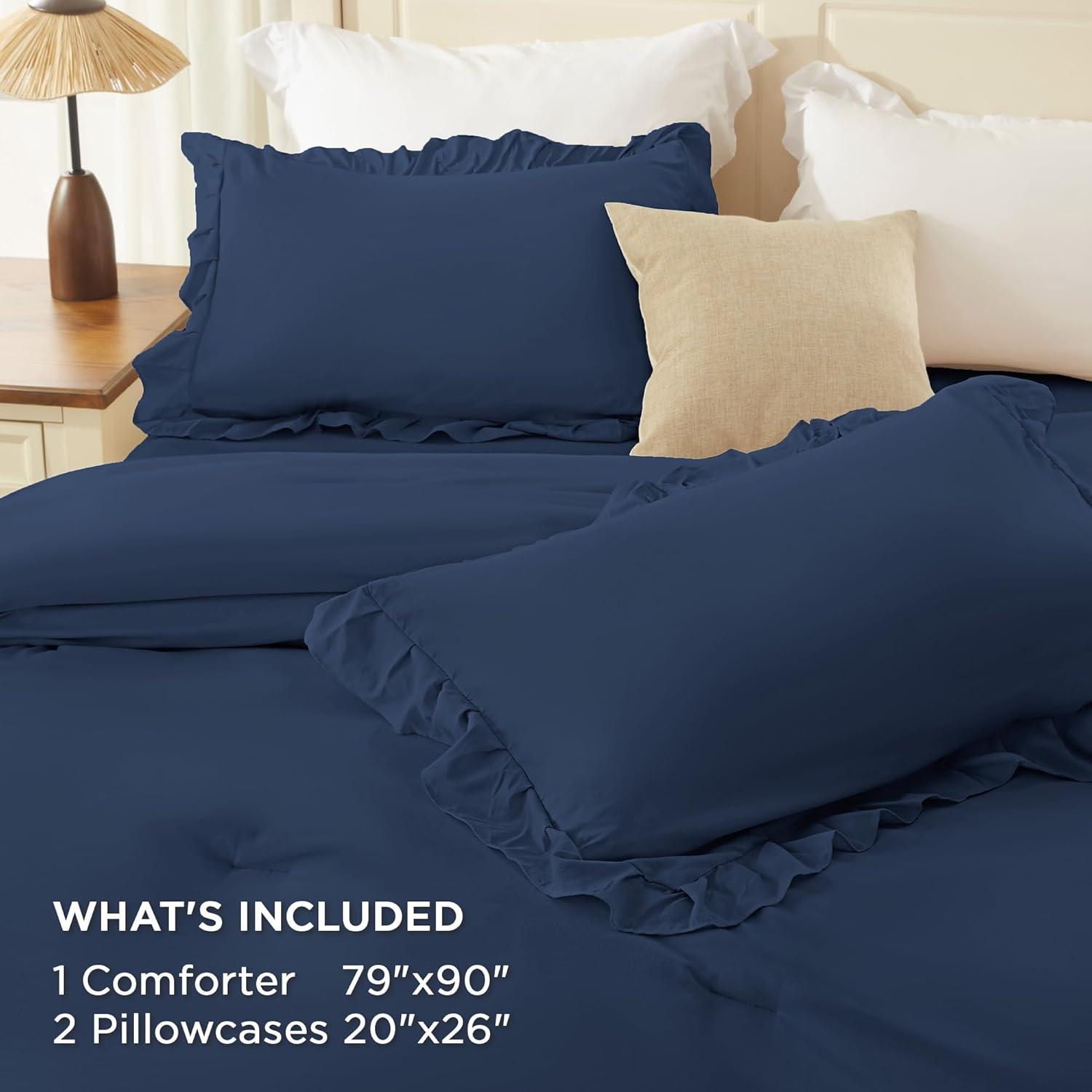 imageAndency White Ruffle Comforter Full Set 3pcs Vintage Farmhouse Shabby Chic Bedding Comforter Set Soft Lightweight Fluffy Bed Comforter Sets All Season Bedding SetNavy