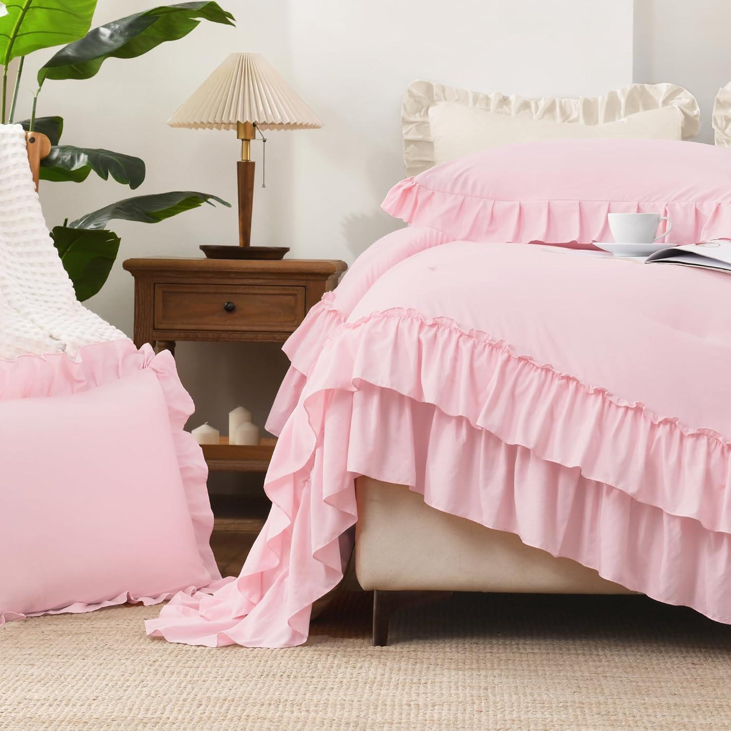 imageAndency White Ruffle Comforter Full Set 3pcs Vintage Farmhouse Shabby Chic Bedding Comforter Set Soft Lightweight Fluffy Bed Comforter Sets All Season Bedding SetPink