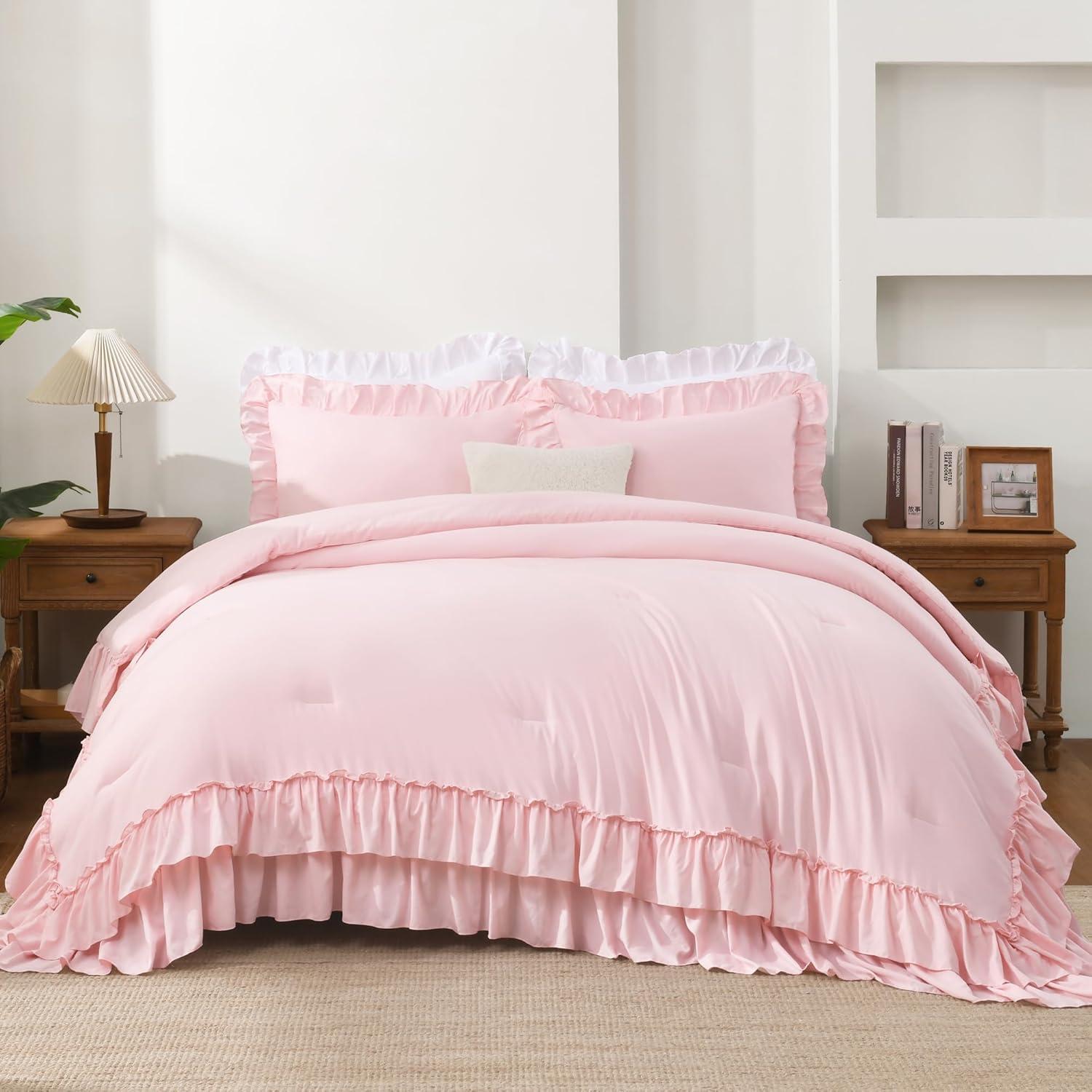 imageAndency White Ruffle Comforter Full Set 3pcs Vintage Farmhouse Shabby Chic Bedding Comforter Set Soft Lightweight Fluffy Bed Comforter Sets All Season Bedding SetPink