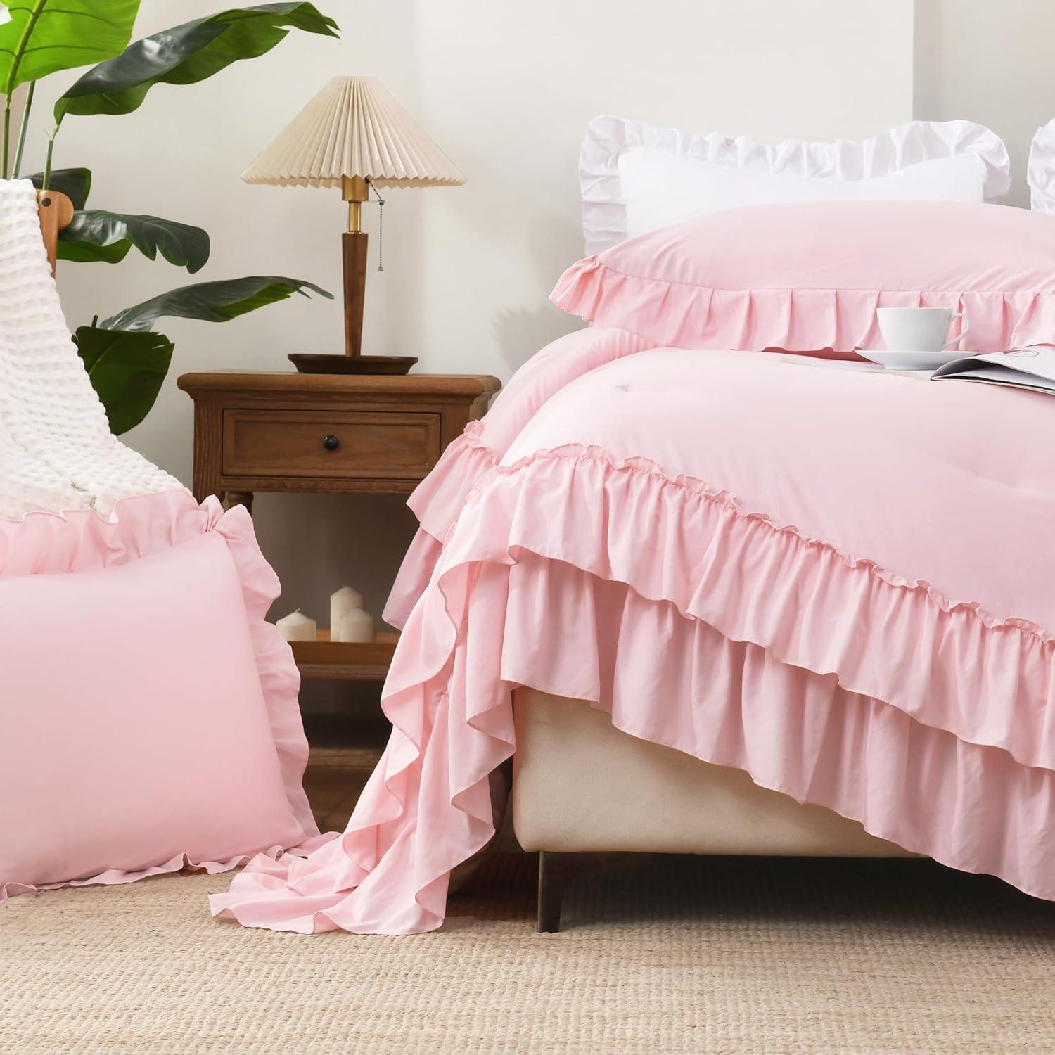 imageAndency White Ruffle Comforter Full Set 3pcs Vintage Farmhouse Shabby Chic Bedding Comforter Set Soft Lightweight Fluffy Bed Comforter Sets All Season Bedding SetPink
