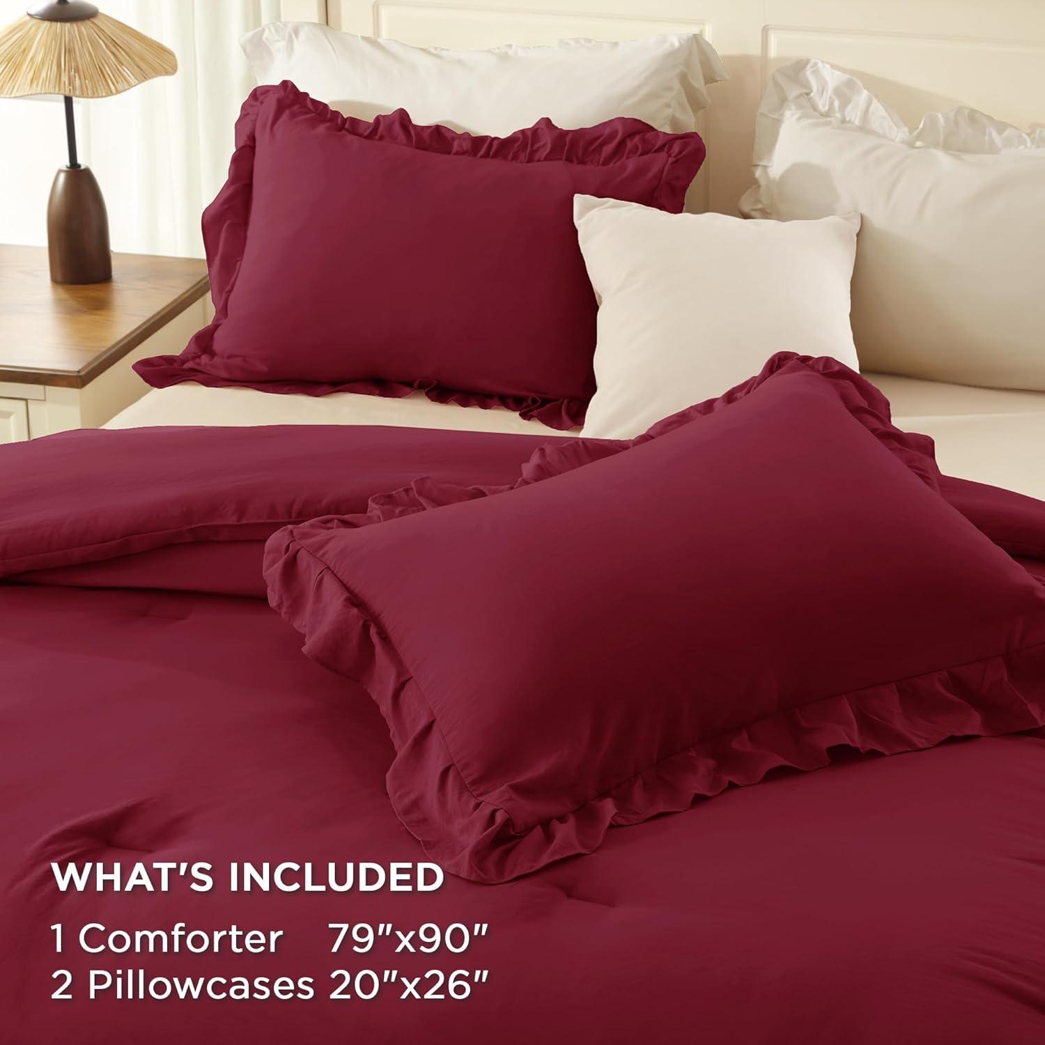 imageAndency White Ruffle Comforter Full Set 3pcs Vintage Farmhouse Shabby Chic Bedding Comforter Set Soft Lightweight Fluffy Bed Comforter Sets All Season Bedding SetBurgundy