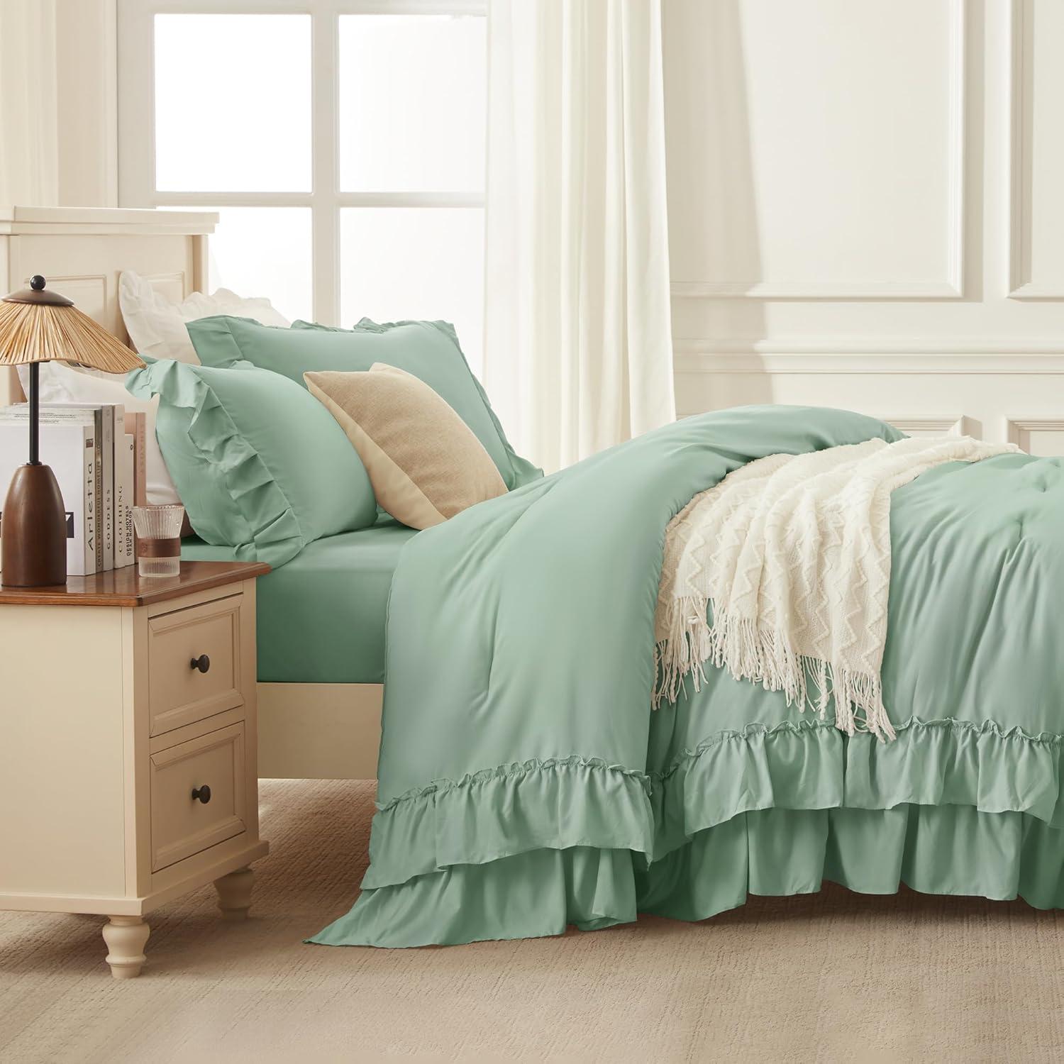 imageAndency White Ruffle Comforter Full Set 3pcs Vintage Farmhouse Shabby Chic Bedding Comforter Set Soft Lightweight Fluffy Bed Comforter Sets All Season Bedding SetSage