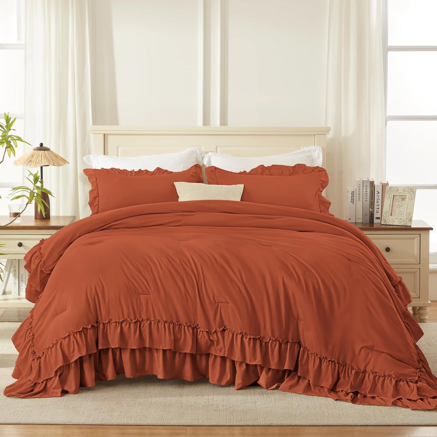 imageAndency White Ruffle Comforter Full Set 3pcs Vintage Farmhouse Shabby Chic Bedding Comforter Set Soft Lightweight Fluffy Bed Comforter Sets All Season Bedding SetTerracotta