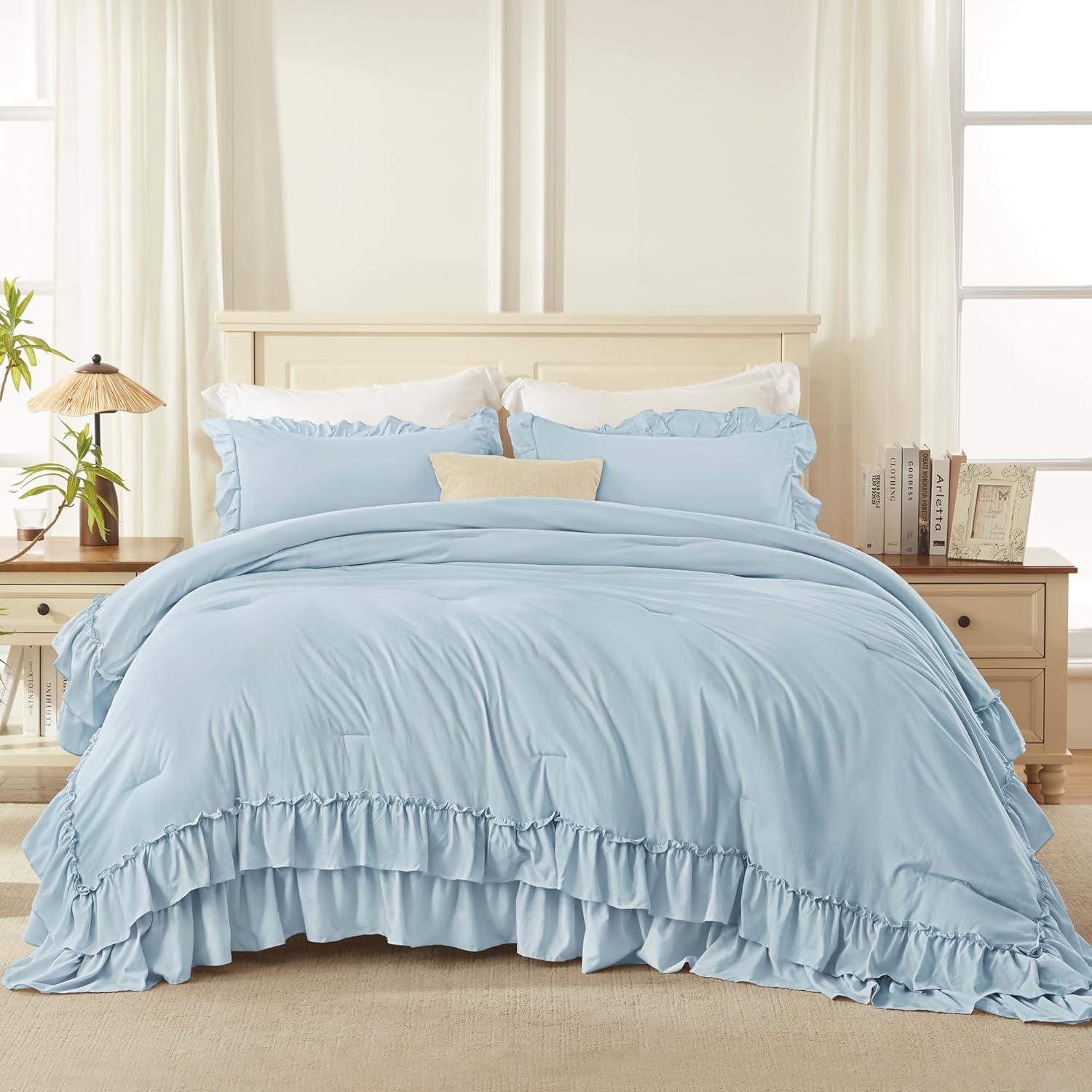 imageAndency White Ruffle Comforter Full Set 3pcs Vintage Farmhouse Shabby Chic Bedding Comforter Set Soft Lightweight Fluffy Bed Comforter Sets All Season Bedding SetLight Blue