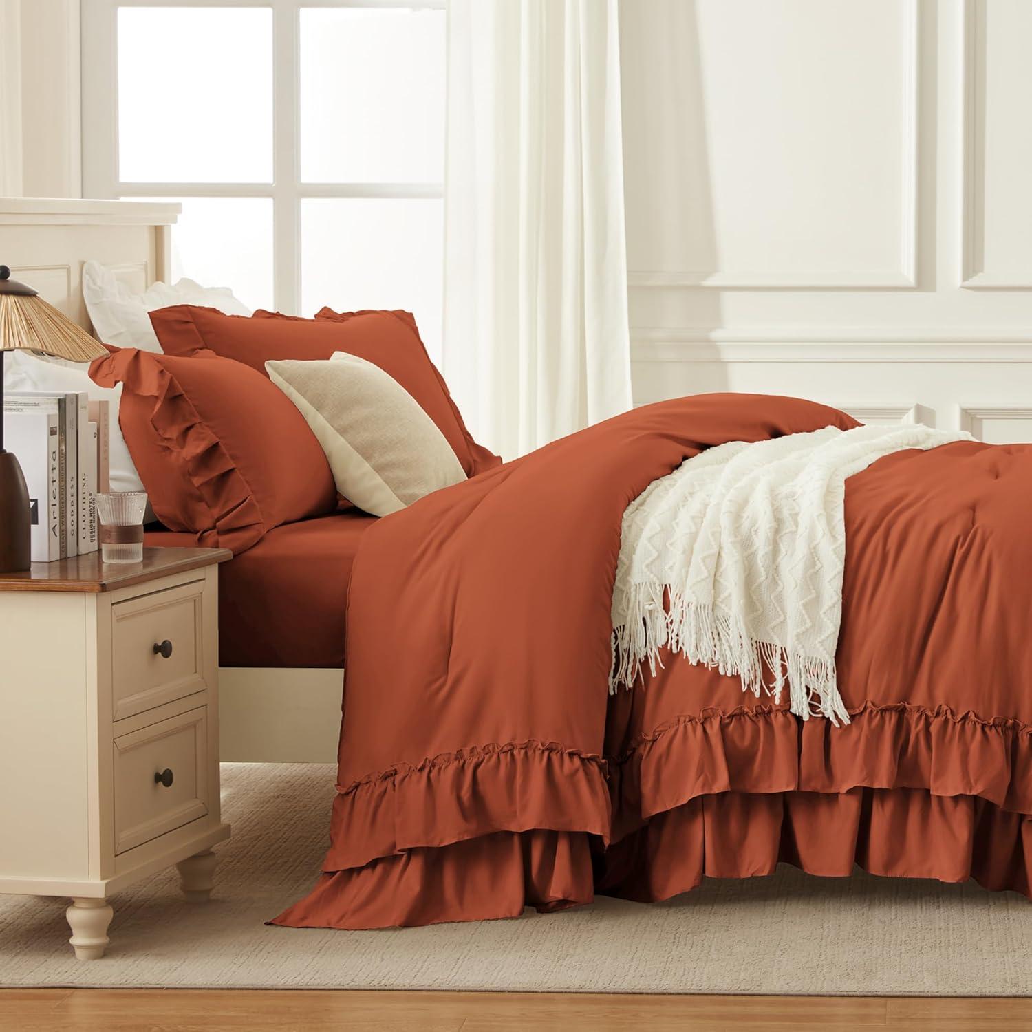 imageAndency White Ruffle Comforter Full Set 3pcs Vintage Farmhouse Shabby Chic Bedding Comforter Set Soft Lightweight Fluffy Bed Comforter Sets All Season Bedding SetTerracotta