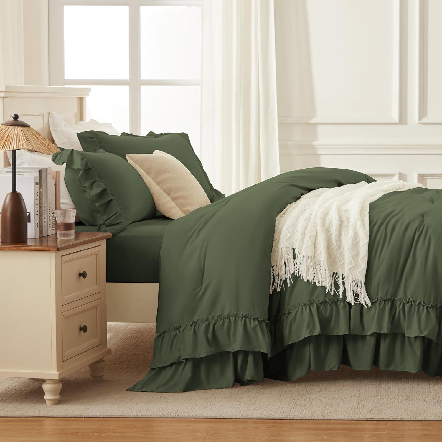 imageAndency White Ruffle Comforter Full Set 3pcs Vintage Farmhouse Shabby Chic Bedding Comforter Set Soft Lightweight Fluffy Bed Comforter Sets All Season Bedding SetOlive