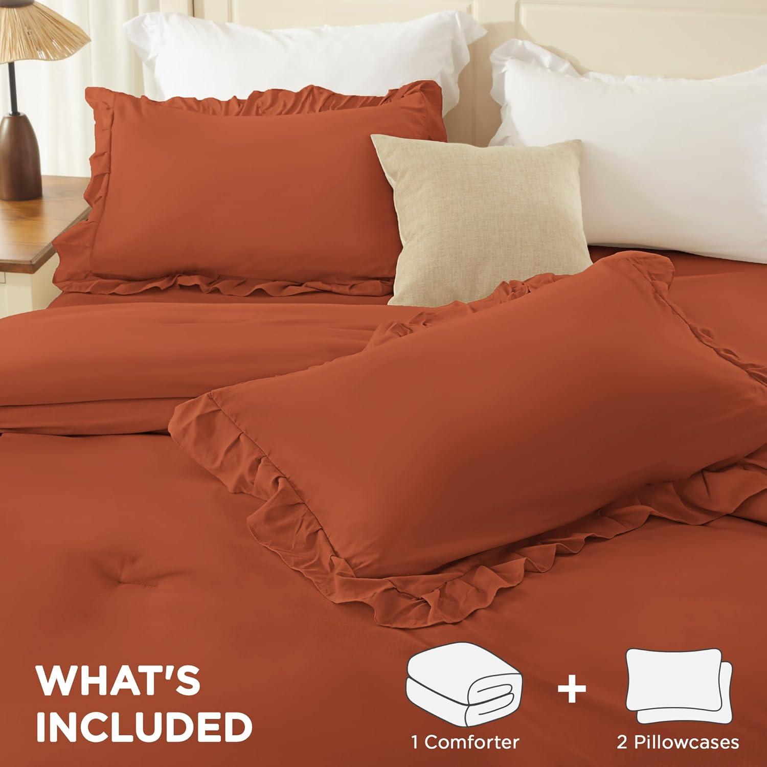 imageAndency White Ruffle Comforter Full Set 3pcs Vintage Farmhouse Shabby Chic Bedding Comforter Set Soft Lightweight Fluffy Bed Comforter Sets All Season Bedding SetTerracotta