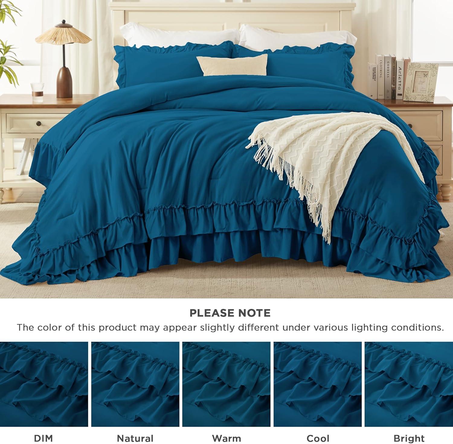 imageAndency White Ruffle Comforter Full Set 3pcs Vintage Farmhouse Shabby Chic Bedding Comforter Set Soft Lightweight Fluffy Bed Comforter Sets All Season Bedding SetTeal