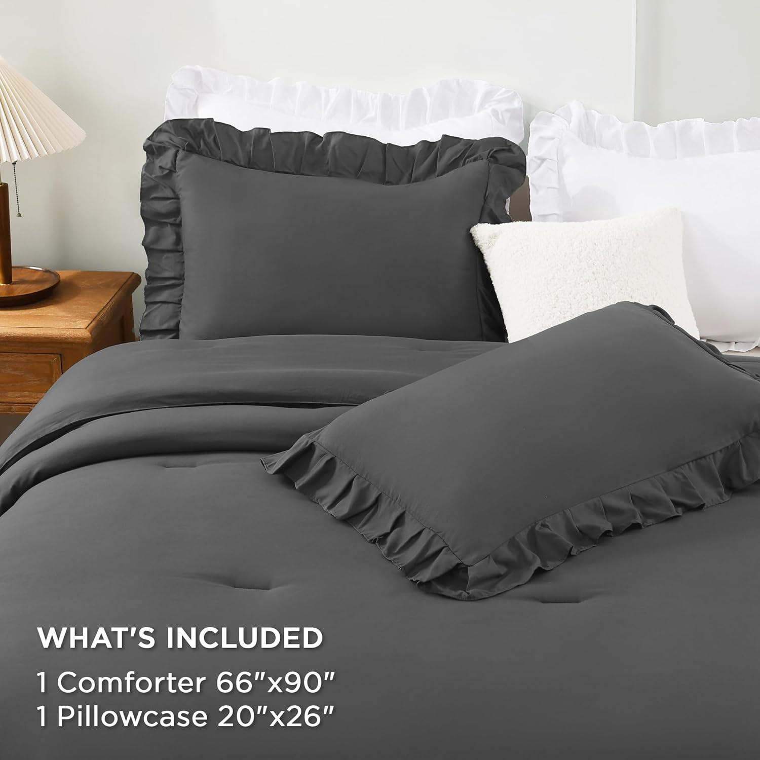 imageAndency White Ruffle Comforter Full Set 3pcs Vintage Farmhouse Shabby Chic Bedding Comforter Set Soft Lightweight Fluffy Bed Comforter Sets All Season Bedding SetDark Grey
