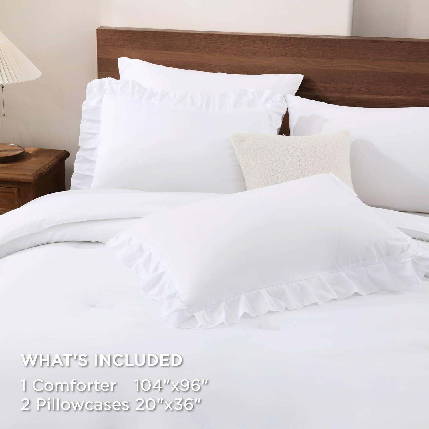 imageAndency White Ruffle Comforter Full Set 3pcs Vintage Farmhouse Shabby Chic Bedding Comforter Set Soft Lightweight Fluffy Bed Comforter Sets All Season Bedding SetWhite
