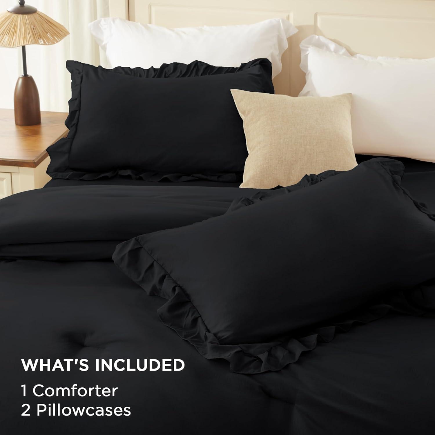 imageAndency White Ruffle Comforter Full Set 3pcs Vintage Farmhouse Shabby Chic Bedding Comforter Set Soft Lightweight Fluffy Bed Comforter Sets All Season Bedding SetBlack