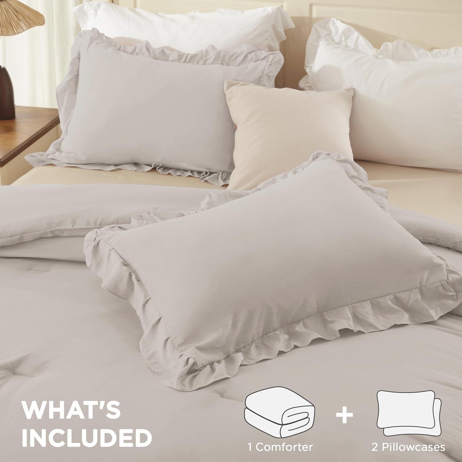 imageAndency White Ruffle Comforter Full Set 3pcs Vintage Farmhouse Shabby Chic Bedding Comforter Set Soft Lightweight Fluffy Bed Comforter Sets All Season Bedding SetLinen