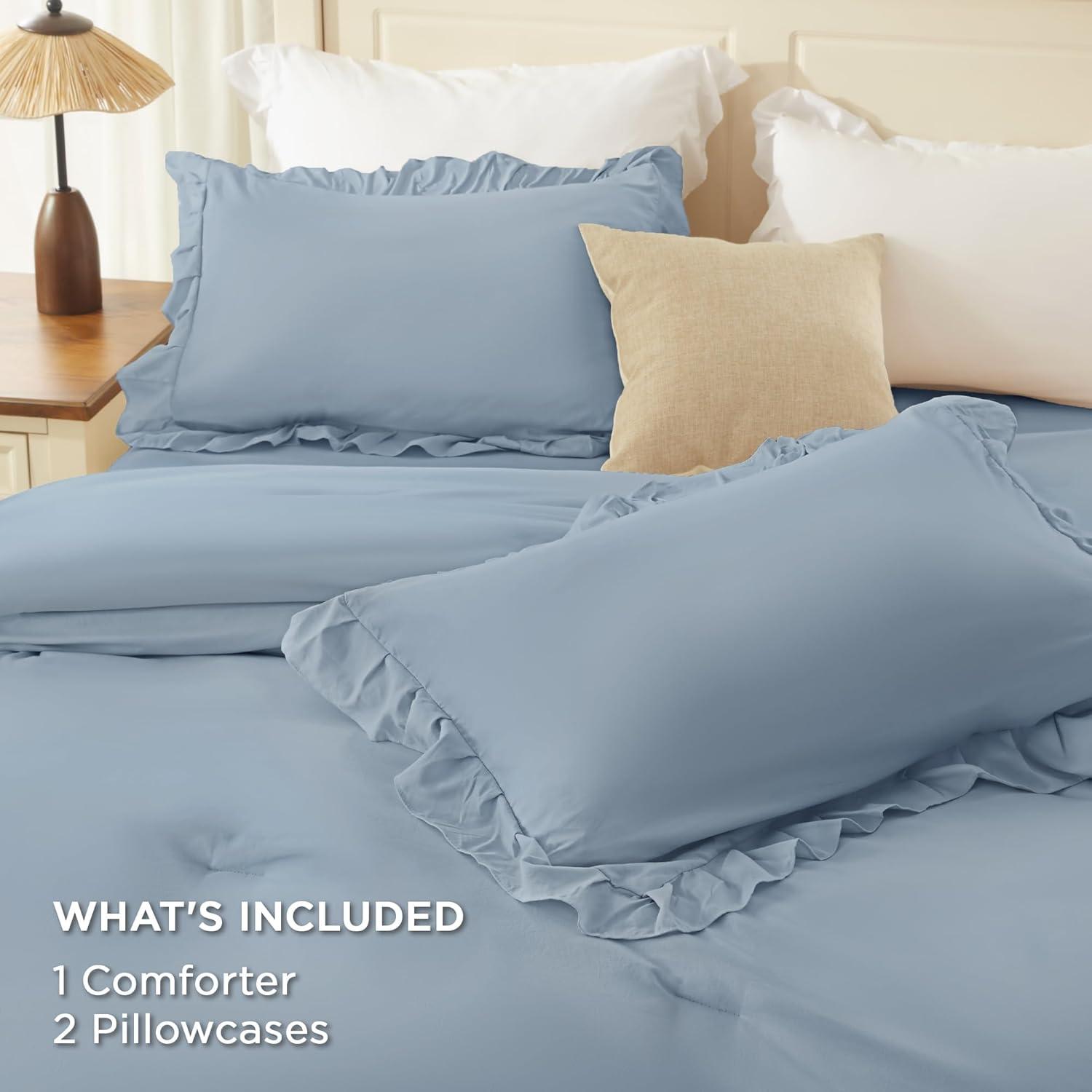 imageAndency White Ruffle Comforter Full Set 3pcs Vintage Farmhouse Shabby Chic Bedding Comforter Set Soft Lightweight Fluffy Bed Comforter Sets All Season Bedding SetGrayish Blue
