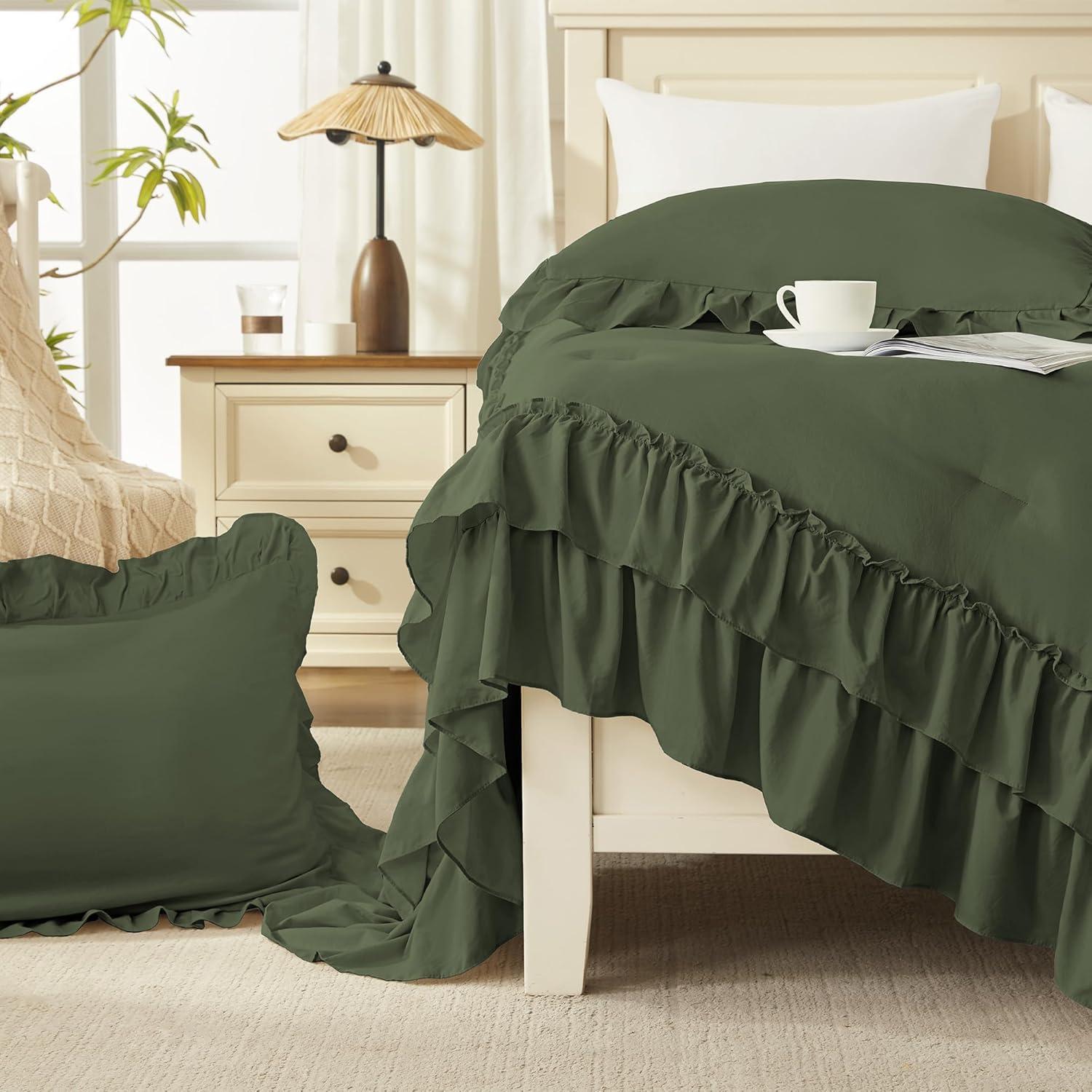 imageAndency White Ruffle Comforter Full Set 3pcs Vintage Farmhouse Shabby Chic Bedding Comforter Set Soft Lightweight Fluffy Bed Comforter Sets All Season Bedding SetOlive