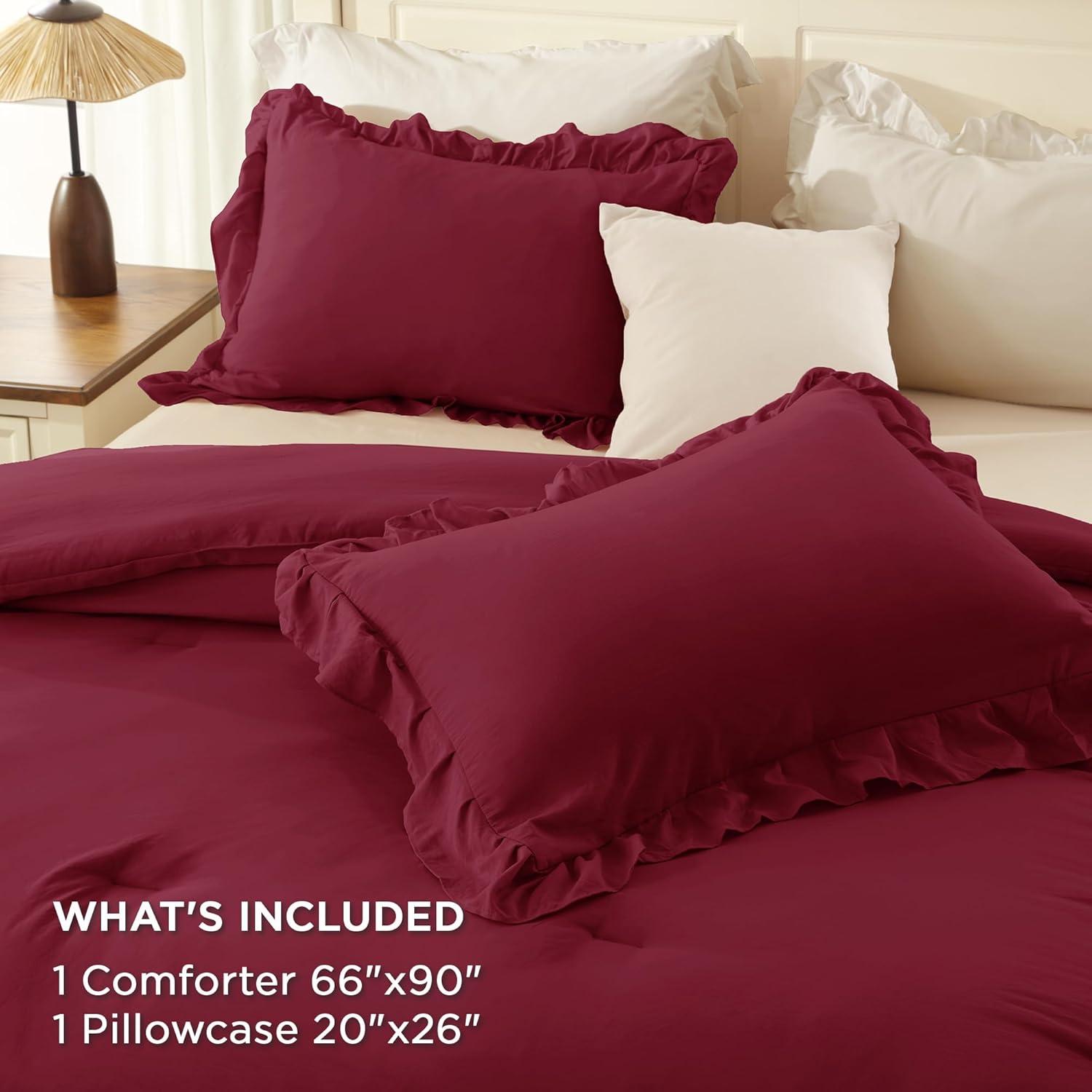 imageAndency White Ruffle Comforter Full Set 3pcs Vintage Farmhouse Shabby Chic Bedding Comforter Set Soft Lightweight Fluffy Bed Comforter Sets All Season Bedding SetBurgundy