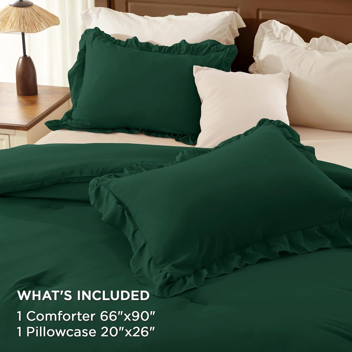 imageAndency White Ruffle Comforter Full Set 3pcs Vintage Farmhouse Shabby Chic Bedding Comforter Set Soft Lightweight Fluffy Bed Comforter Sets All Season Bedding SetDark Green