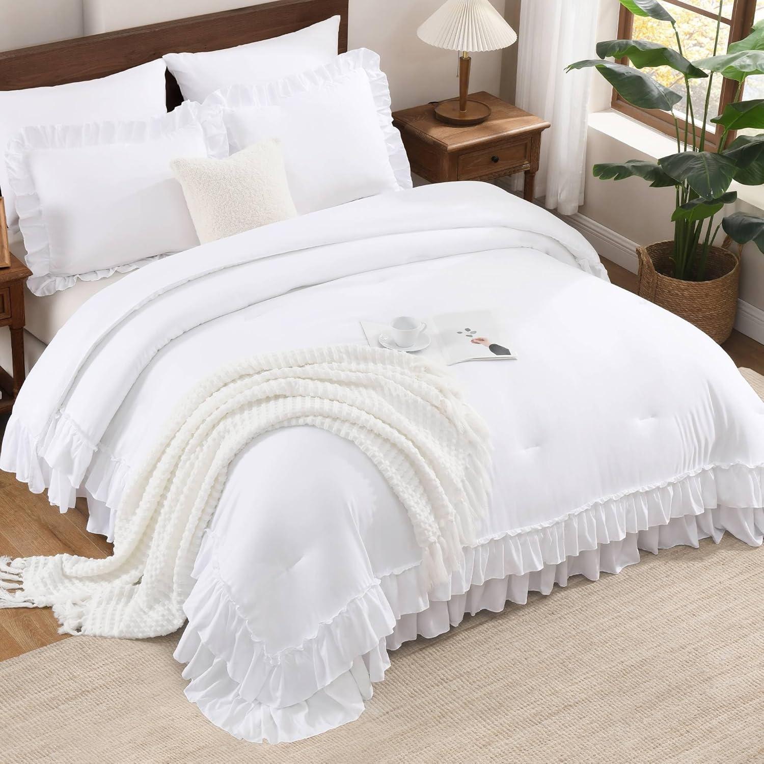 imageAndency White Ruffle Comforter Full Set 3pcs Vintage Farmhouse Shabby Chic Bedding Comforter Set Soft Lightweight Fluffy Bed Comforter Sets All Season Bedding SetWhite