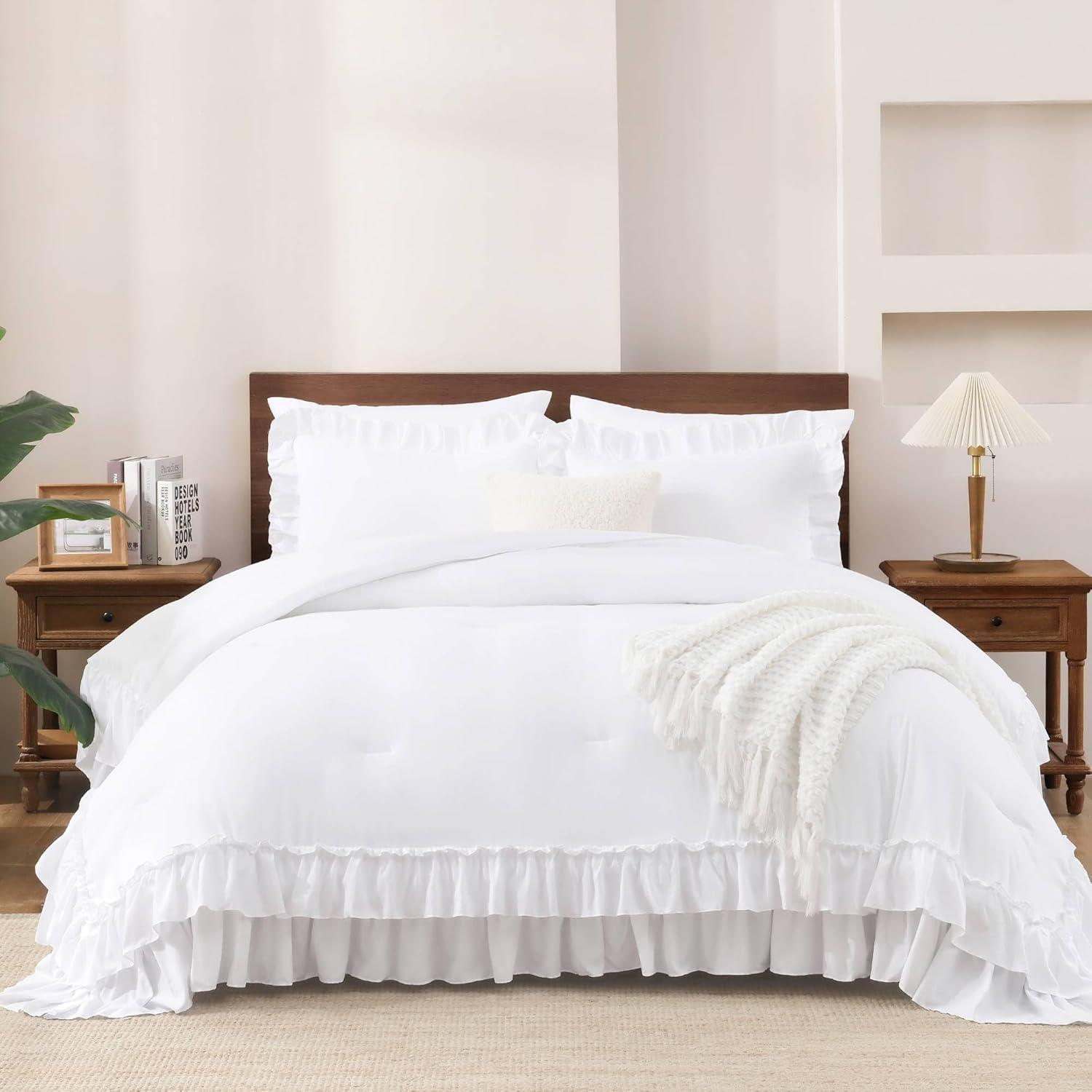 imageAndency White Ruffle Comforter Full Set 3pcs Vintage Farmhouse Shabby Chic Bedding Comforter Set Soft Lightweight Fluffy Bed Comforter Sets All Season Bedding SetWhite