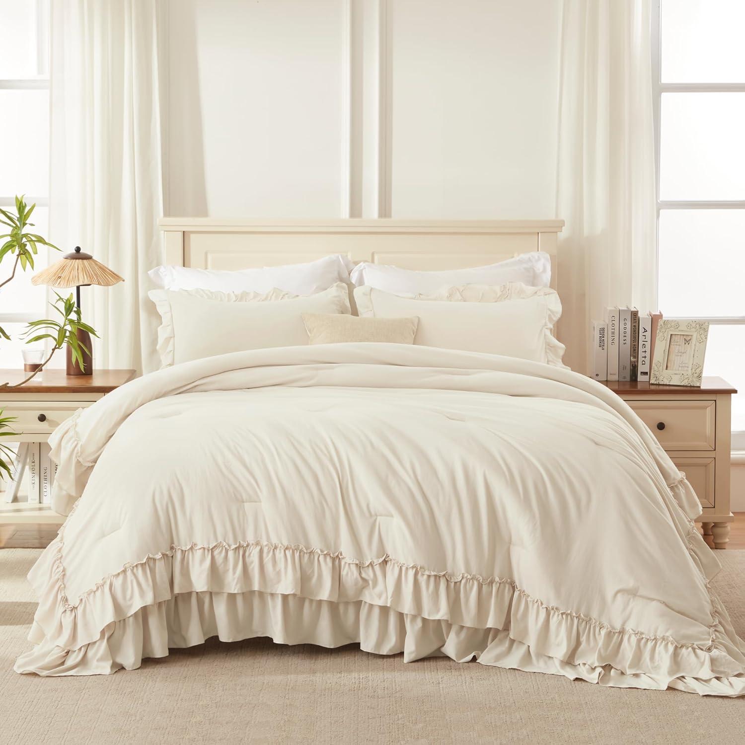 imageAndency White Ruffle Comforter Full Set 3pcs Vintage Farmhouse Shabby Chic Bedding Comforter Set Soft Lightweight Fluffy Bed Comforter Sets All Season Bedding SetBeige