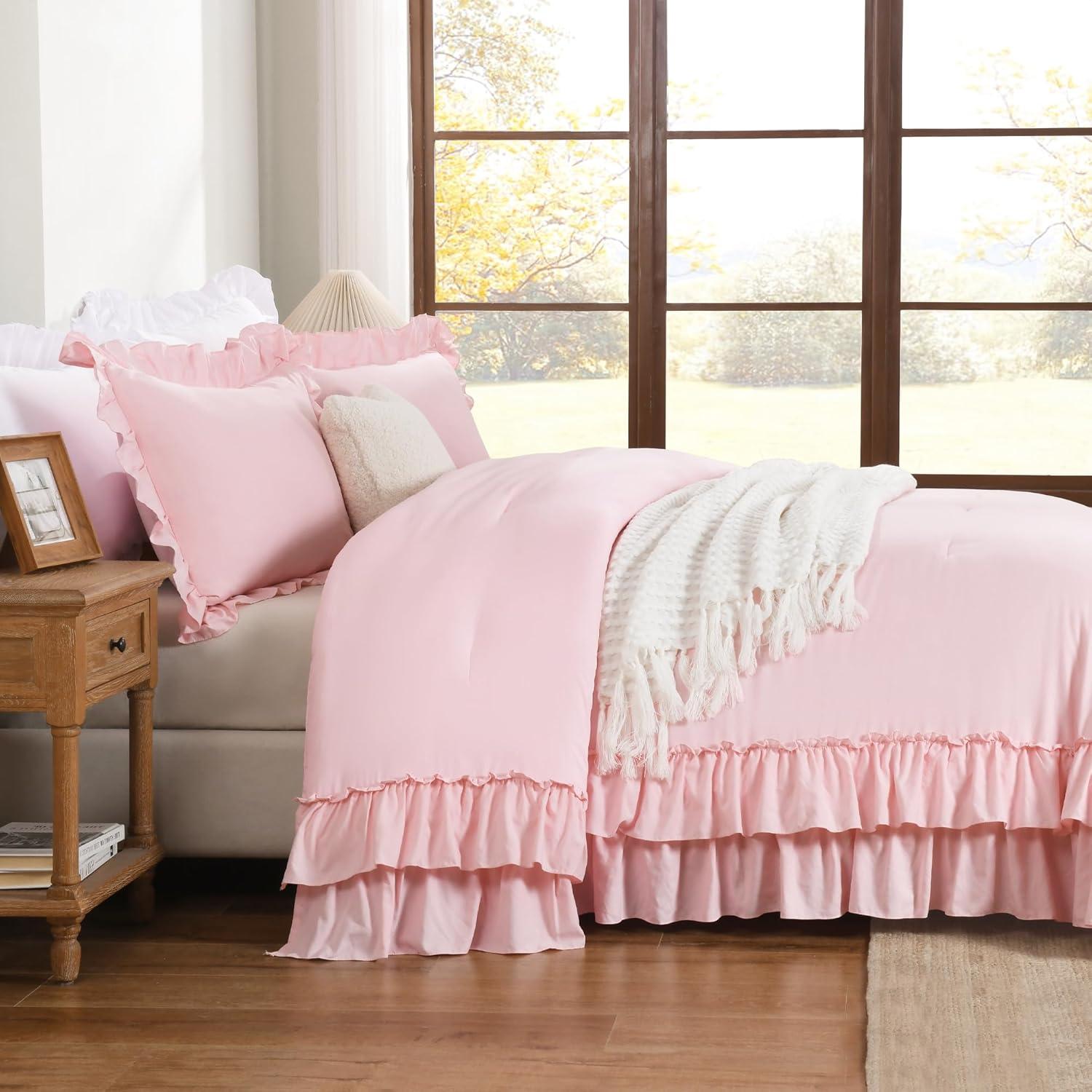 imageAndency White Ruffle Comforter Full Set 3pcs Vintage Farmhouse Shabby Chic Bedding Comforter Set Soft Lightweight Fluffy Bed Comforter Sets All Season Bedding SetPink
