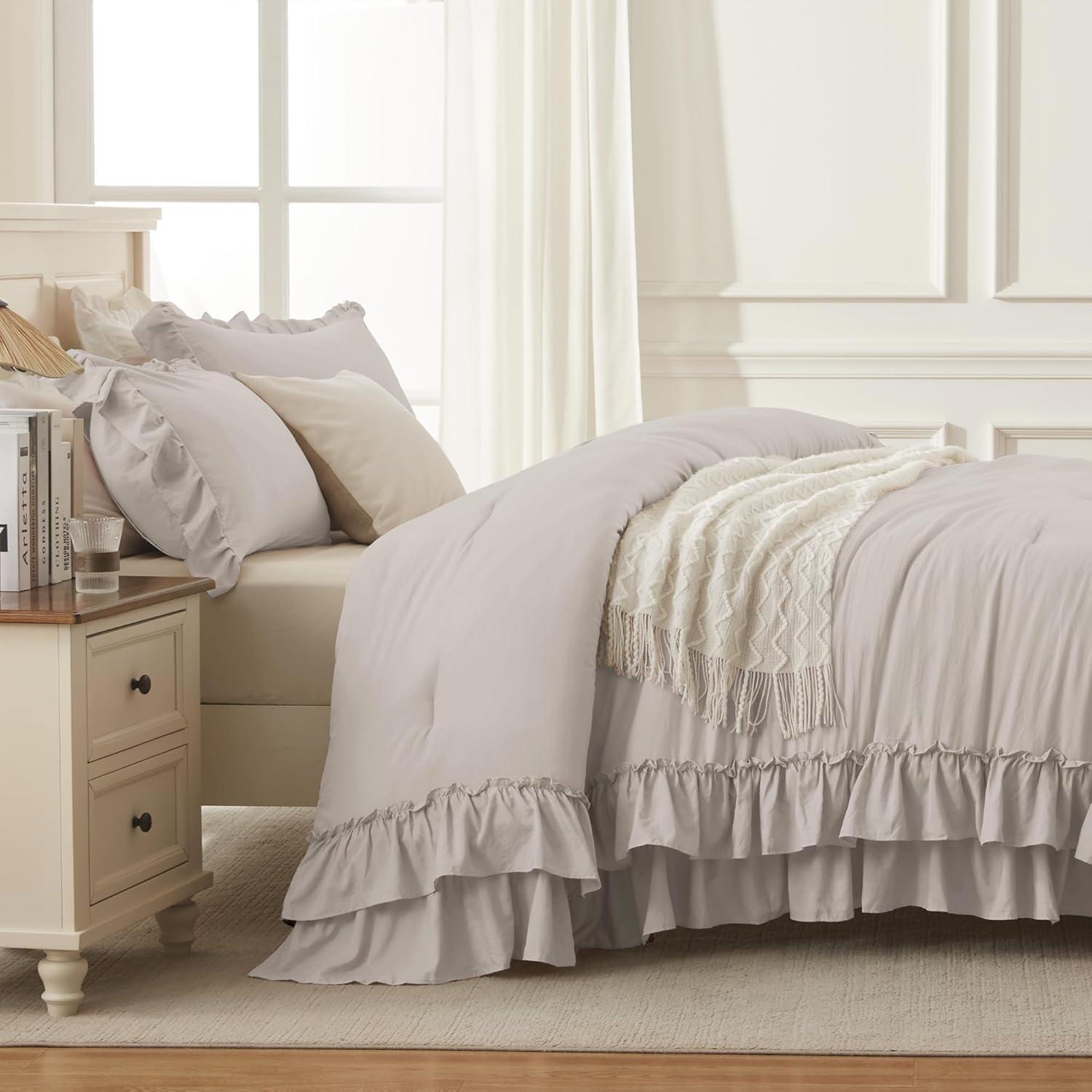 imageAndency White Ruffle Comforter Full Set 3pcs Vintage Farmhouse Shabby Chic Bedding Comforter Set Soft Lightweight Fluffy Bed Comforter Sets All Season Bedding SetLinen