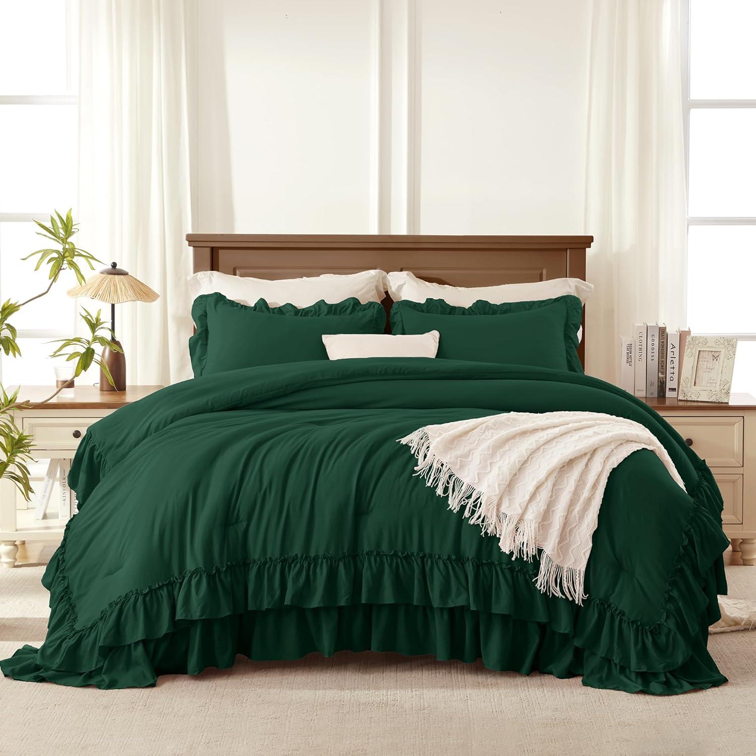 imageAndency White Ruffle Comforter Full Set 3pcs Vintage Farmhouse Shabby Chic Bedding Comforter Set Soft Lightweight Fluffy Bed Comforter Sets All Season Bedding SetDark Green
