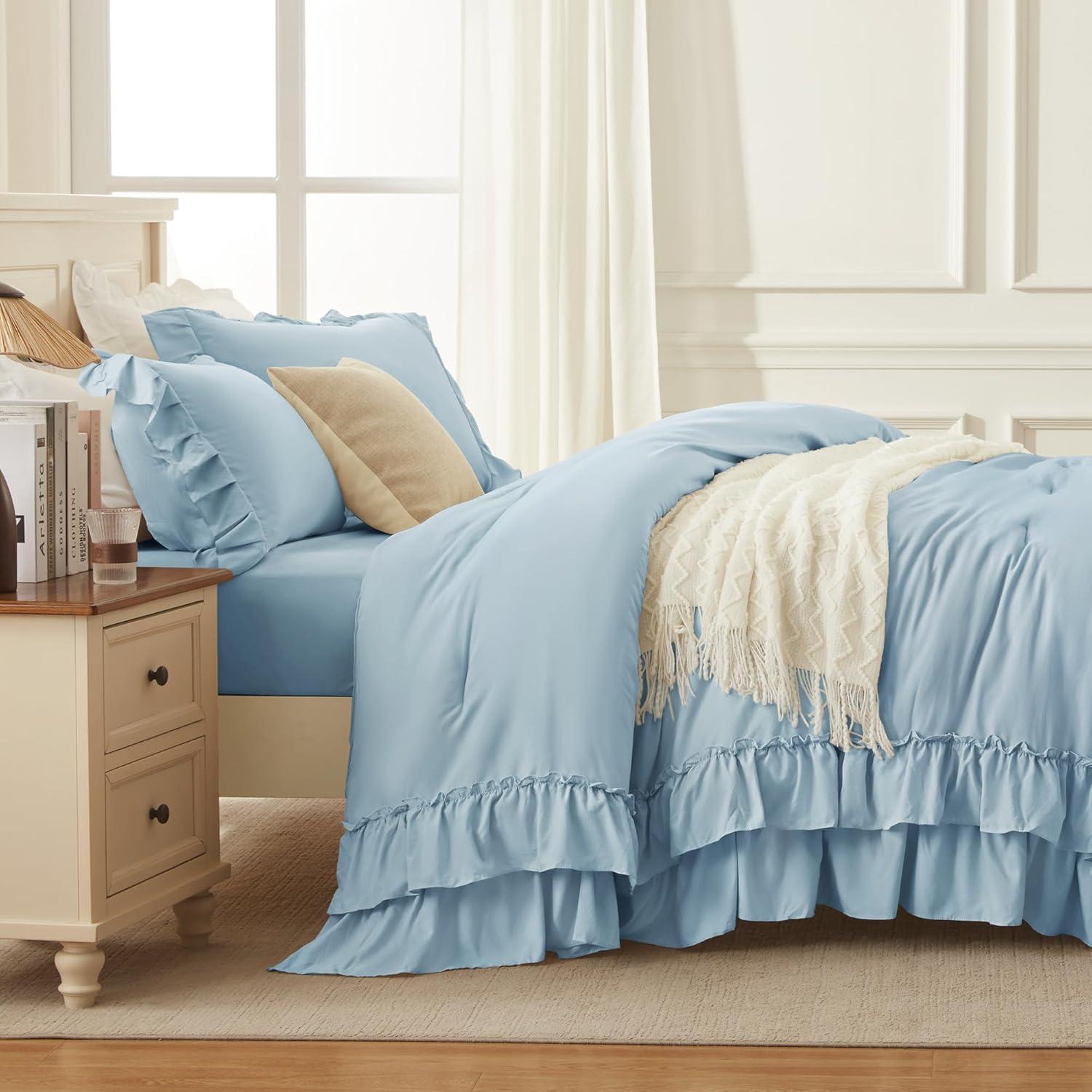 imageAndency White Ruffle Comforter Full Set 3pcs Vintage Farmhouse Shabby Chic Bedding Comforter Set Soft Lightweight Fluffy Bed Comforter Sets All Season Bedding SetLight Blue